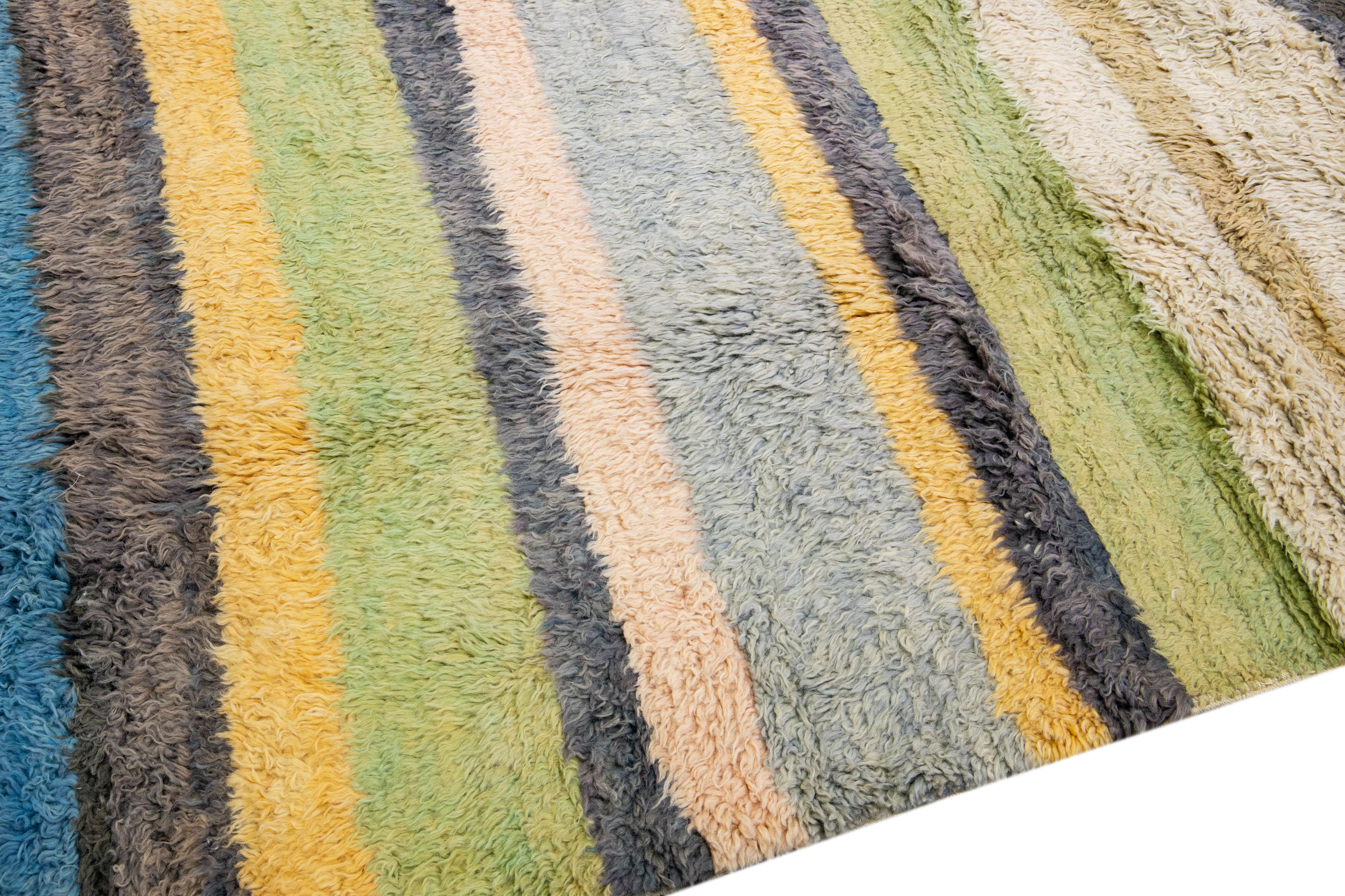 Modern Tulu Handmade Striped Pattern Multicolor Wool Rug For Sale 2