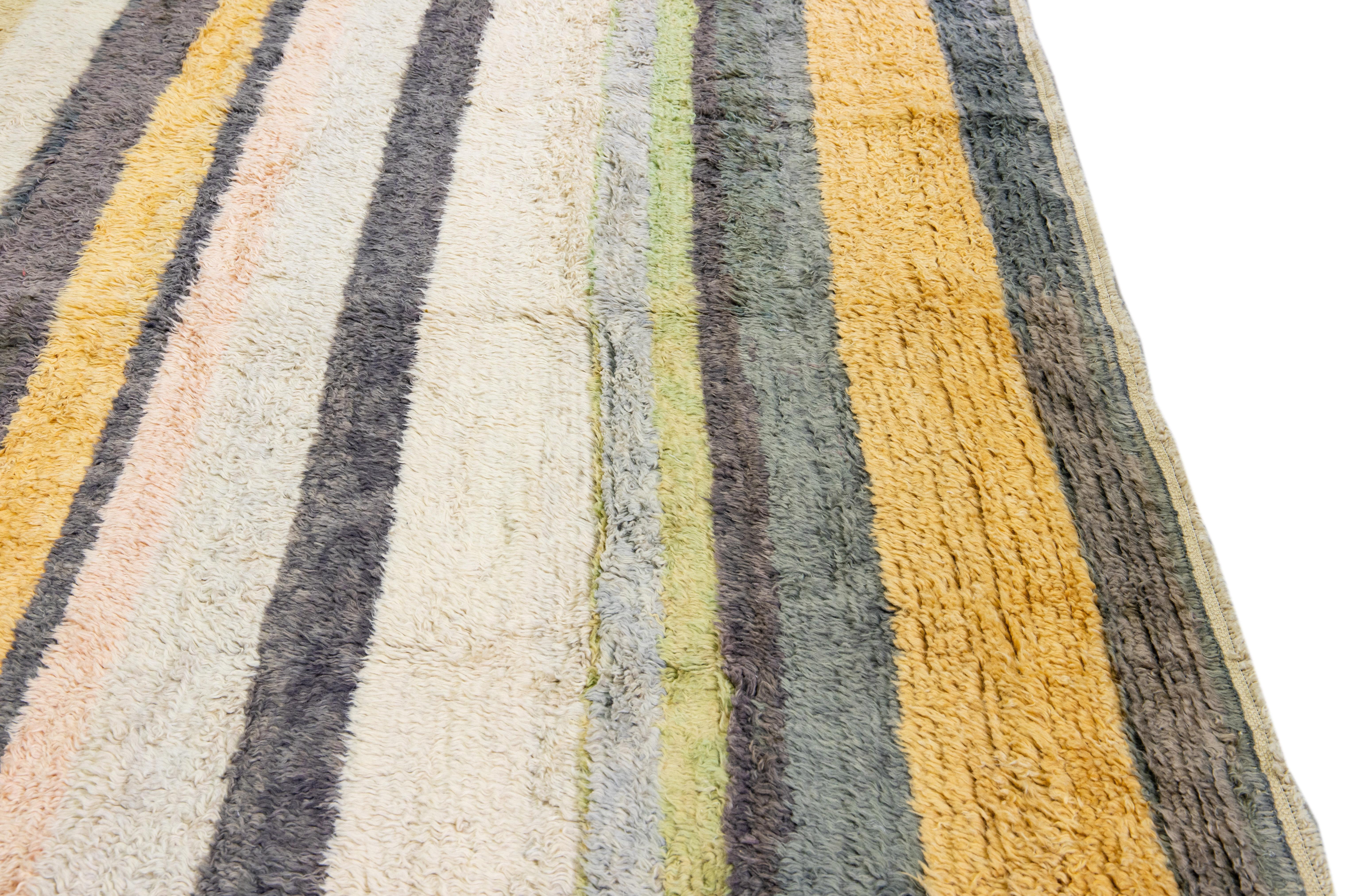 Modern Tulu Handmade Striped Pattern Multicolor Wool Rug For Sale 3