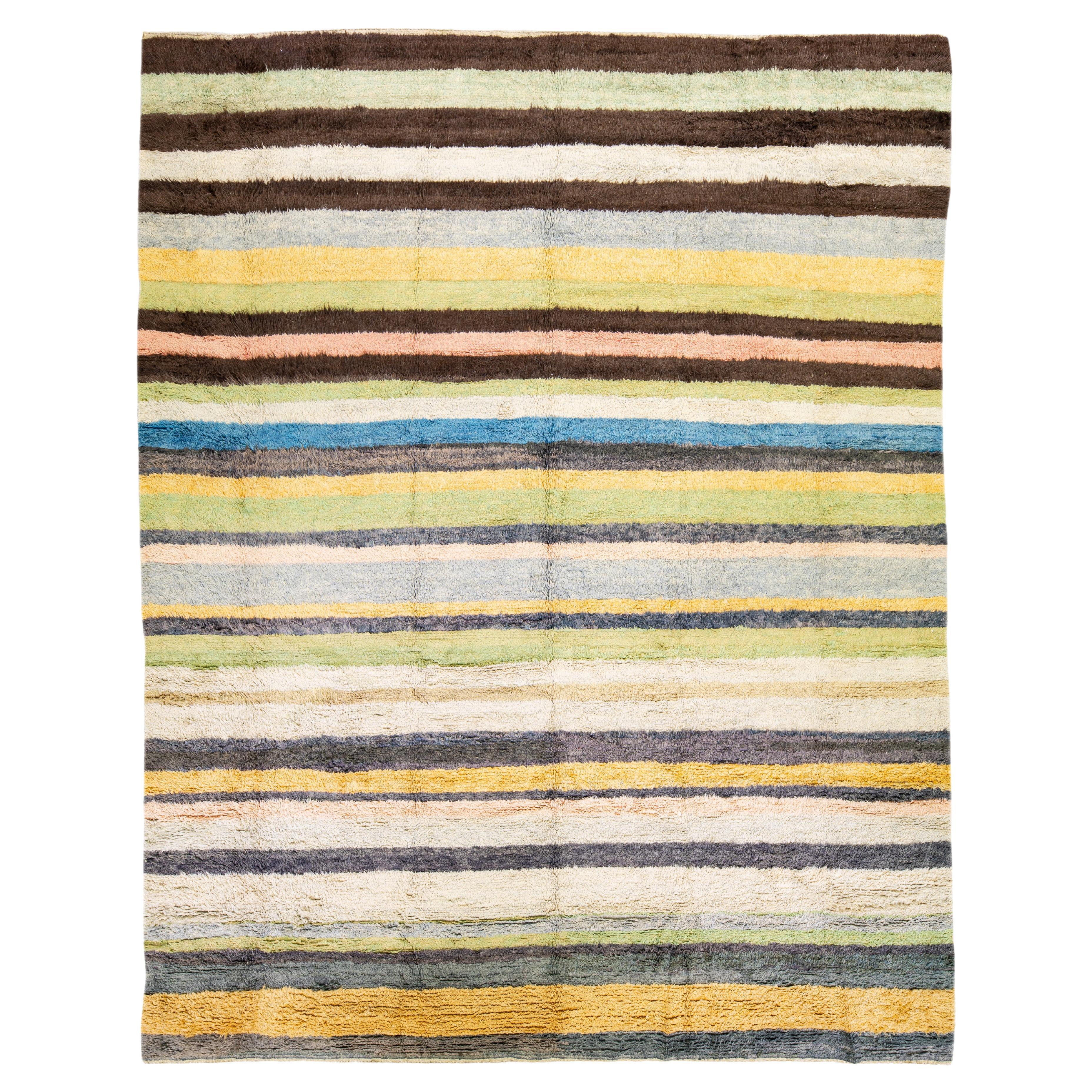Modern Tulu Handmade Striped Pattern Multicolor Wool Rug For Sale