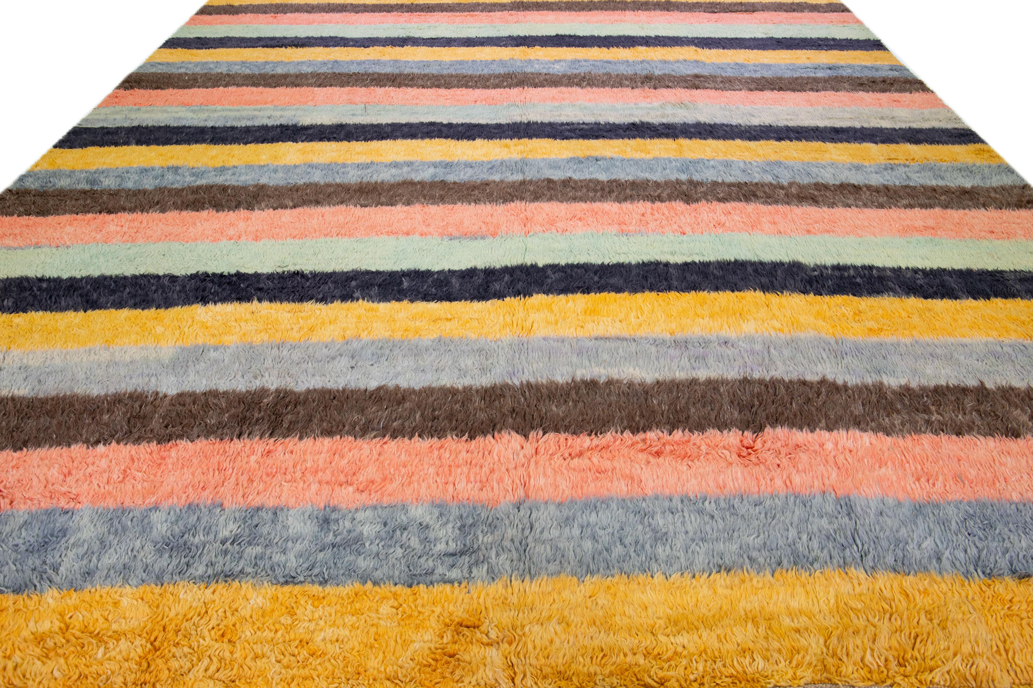 Hand-Knotted Modern Tulu Handmade Turkish Wool Rug with Multicolor Stripe Motif For Sale