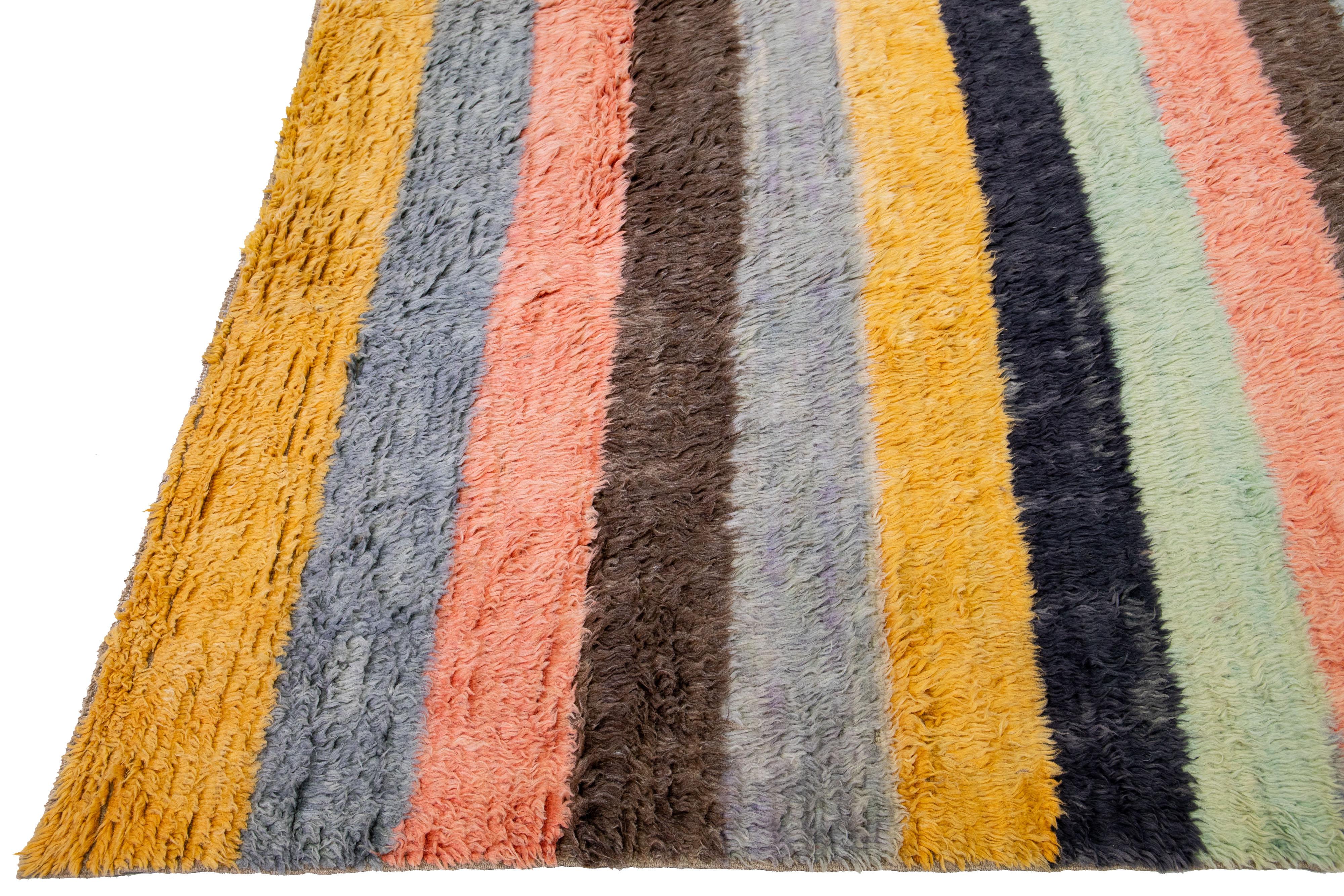 Modern Tulu Handmade Turkish Wool Rug with Multicolor Stripe Motif In New Condition For Sale In Norwalk, CT