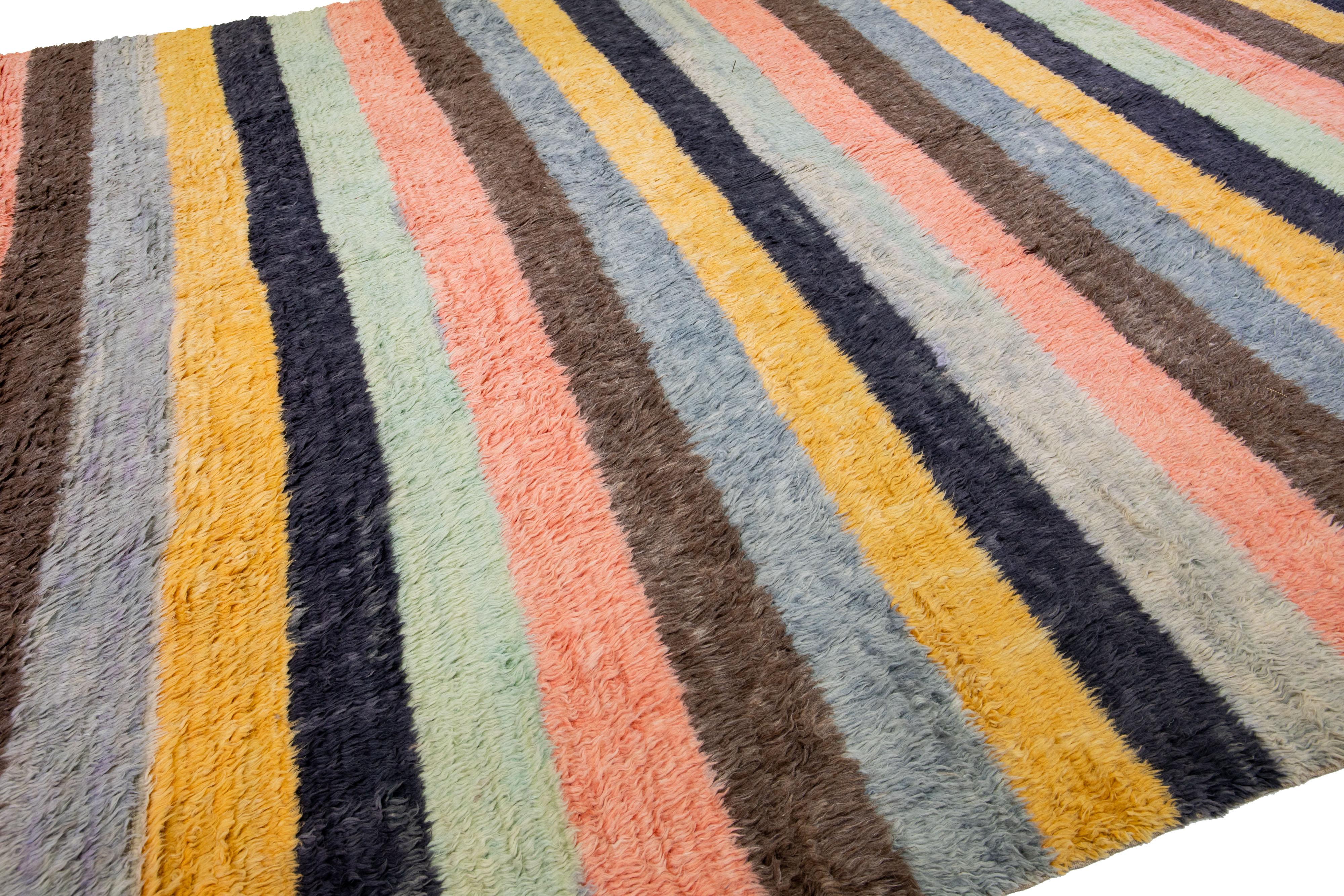 Contemporary Modern Tulu Handmade Turkish Wool Rug with Multicolor Stripe Motif For Sale