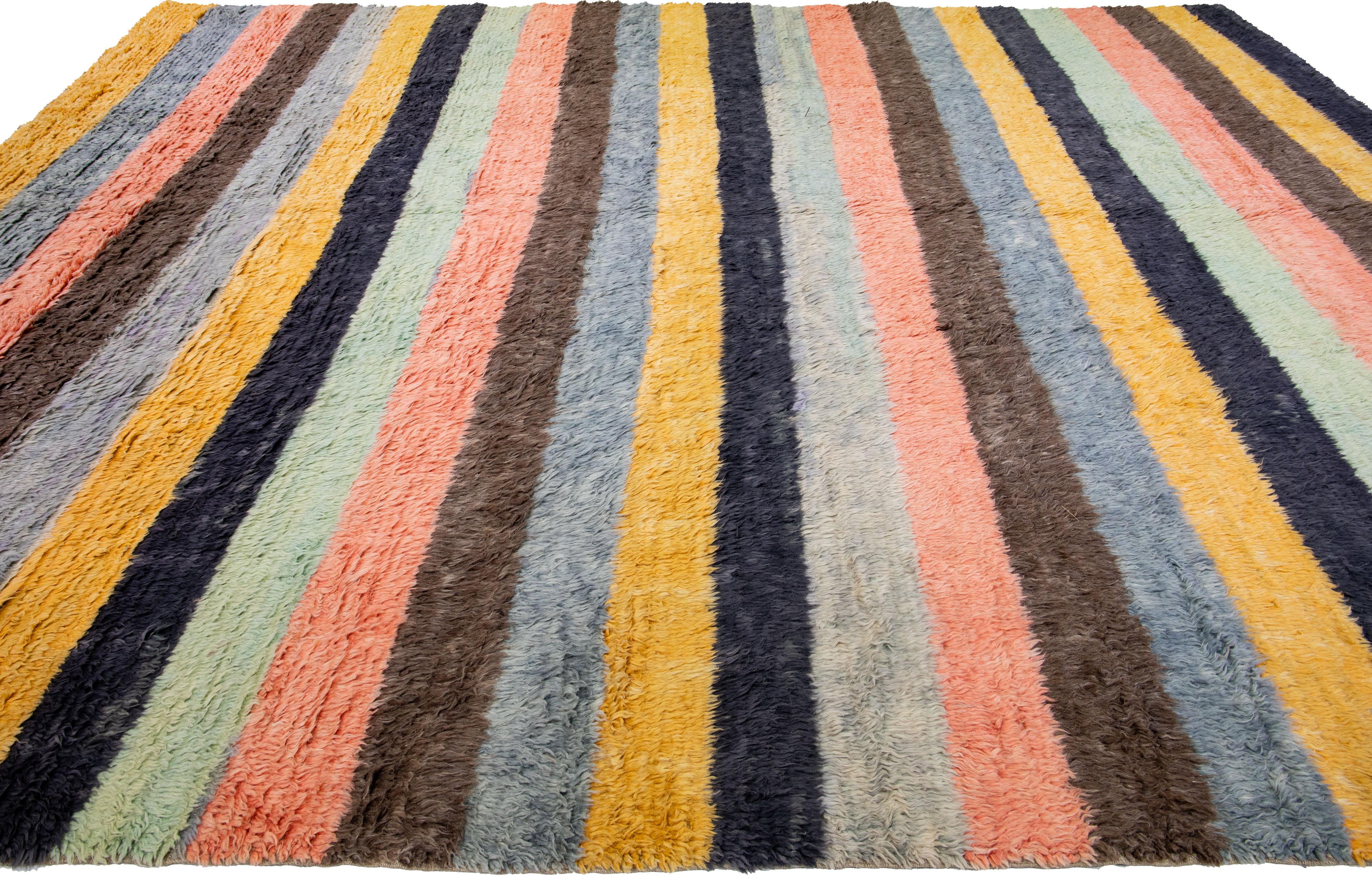 Modern Tulu Handmade Turkish Wool Rug with Multicolor Stripe Motif For Sale 1
