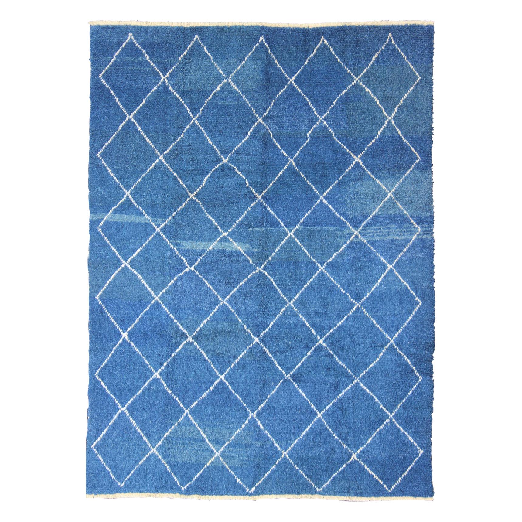 Modern Tulu-Moroccan Rug Rug with All-Over Lattice Design in Blue