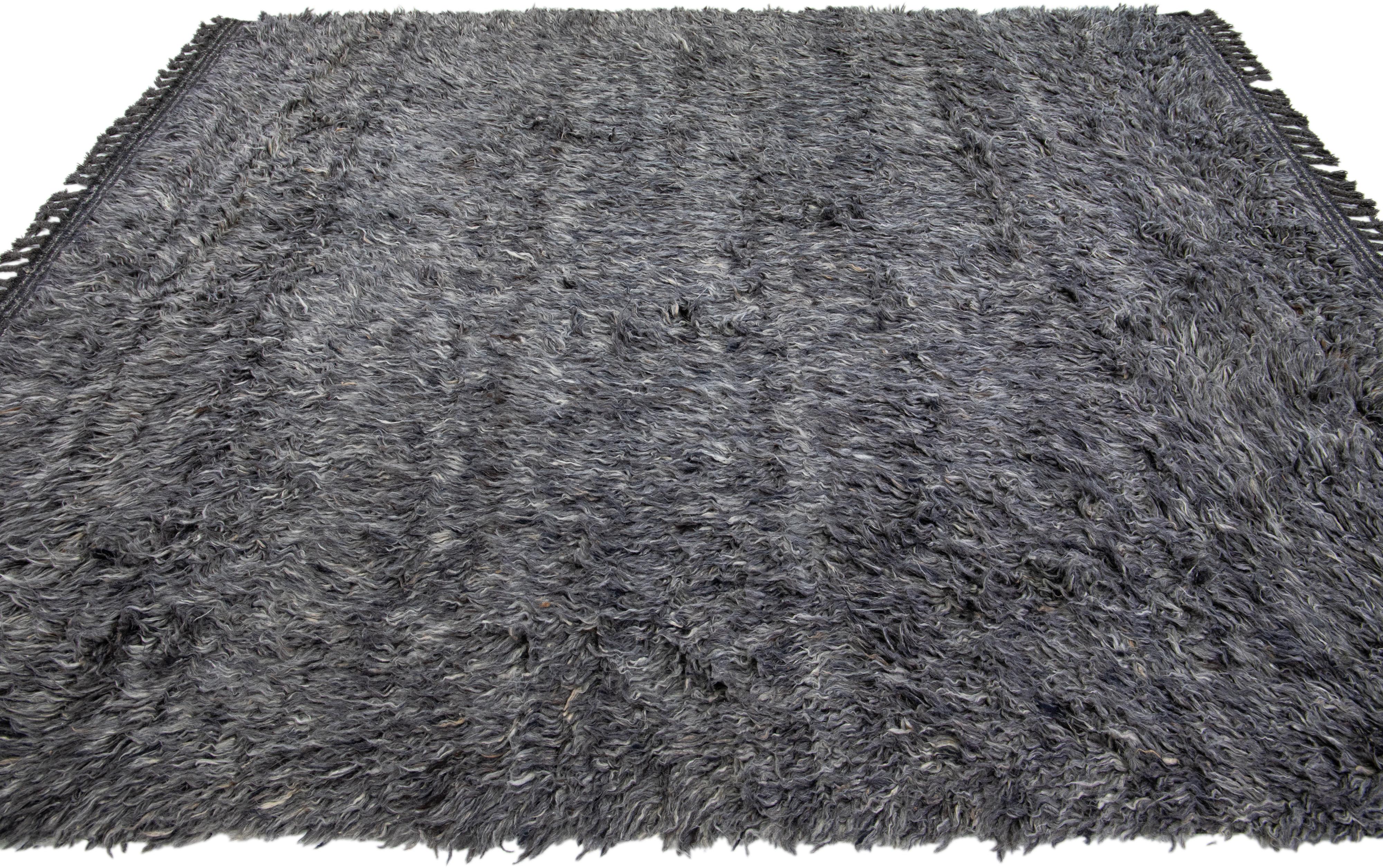 Indian Modern Tulu Moroccan Style Wool Rug with Charcoal Field For Sale