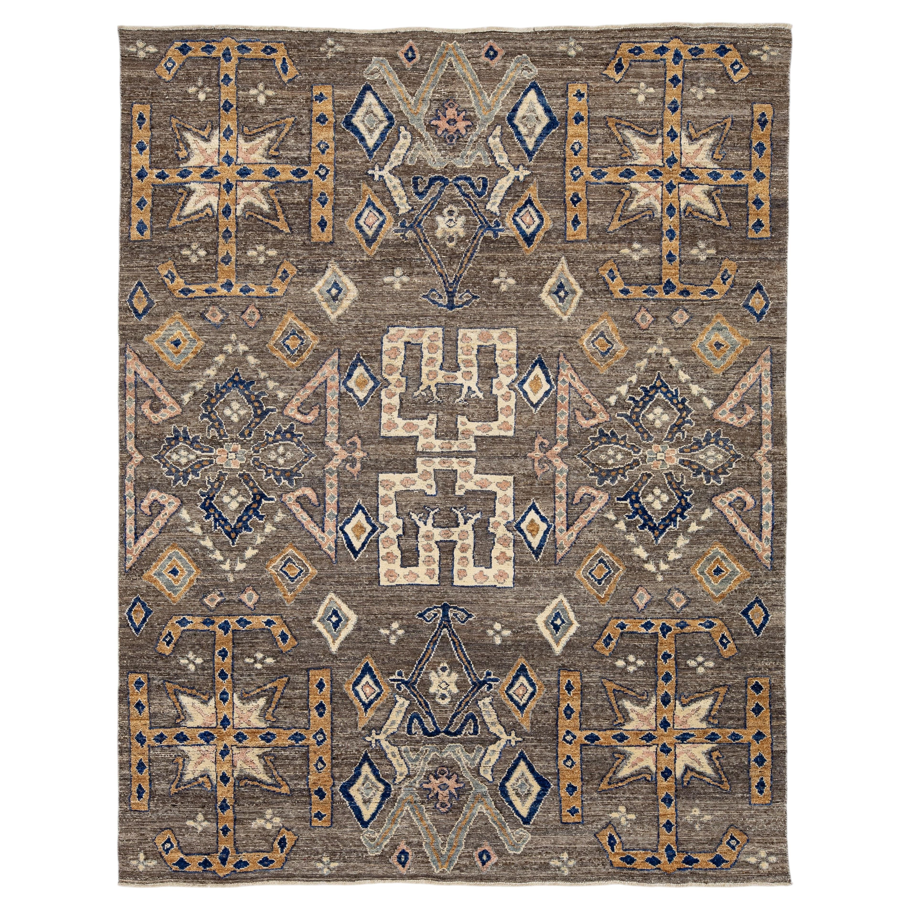 Modern Tulu Style Wool Area Rug – Geometric Tribal Motif in Earthy Brown & Cream