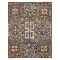 Modern Tulu Style Wool Area Rug – Geometric Tribal Motif in Earthy Brown & Cream