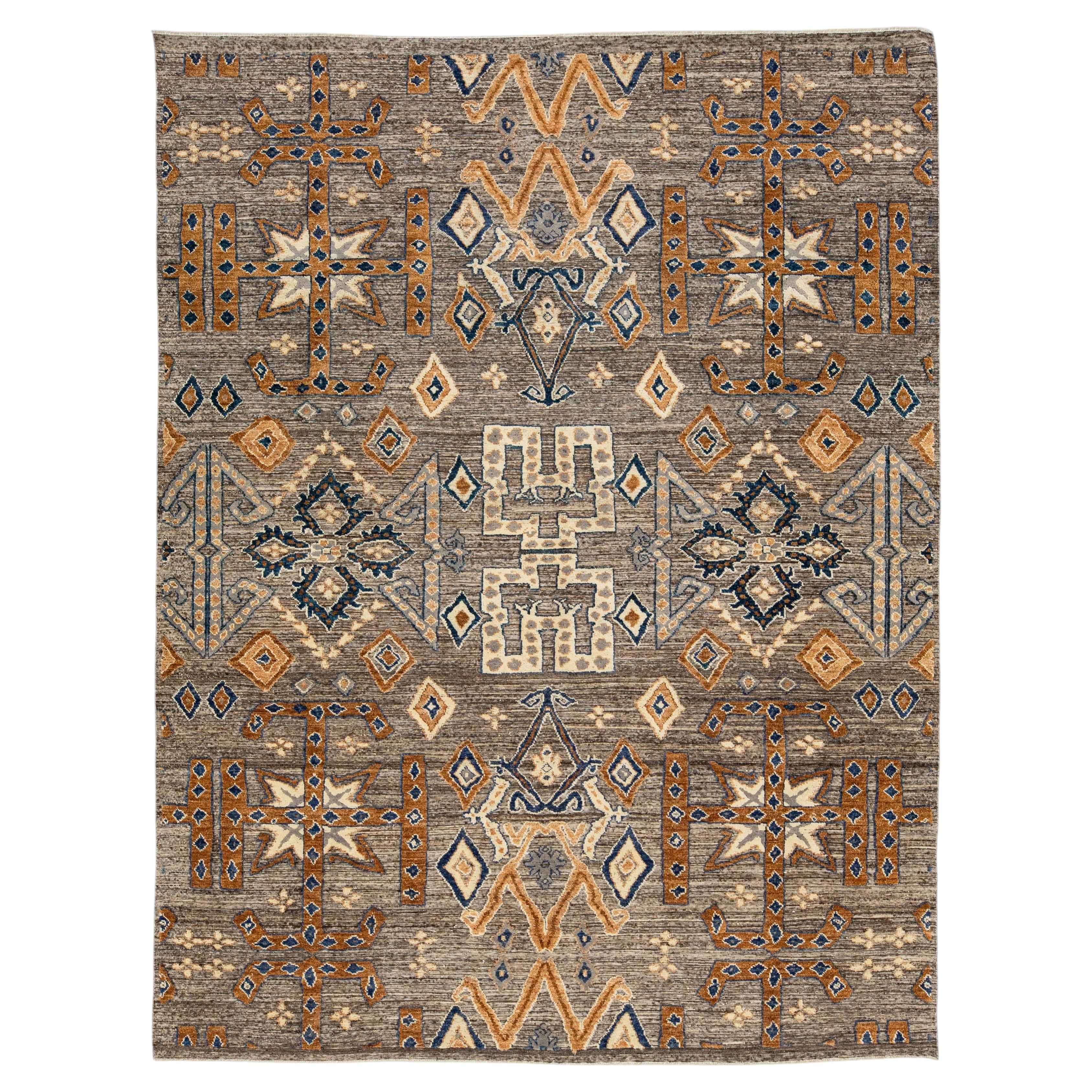 Modern Tulu Tribal Wool Rug – Geometric Charcoal, Tan & Slate Blue 9x12 For Sale