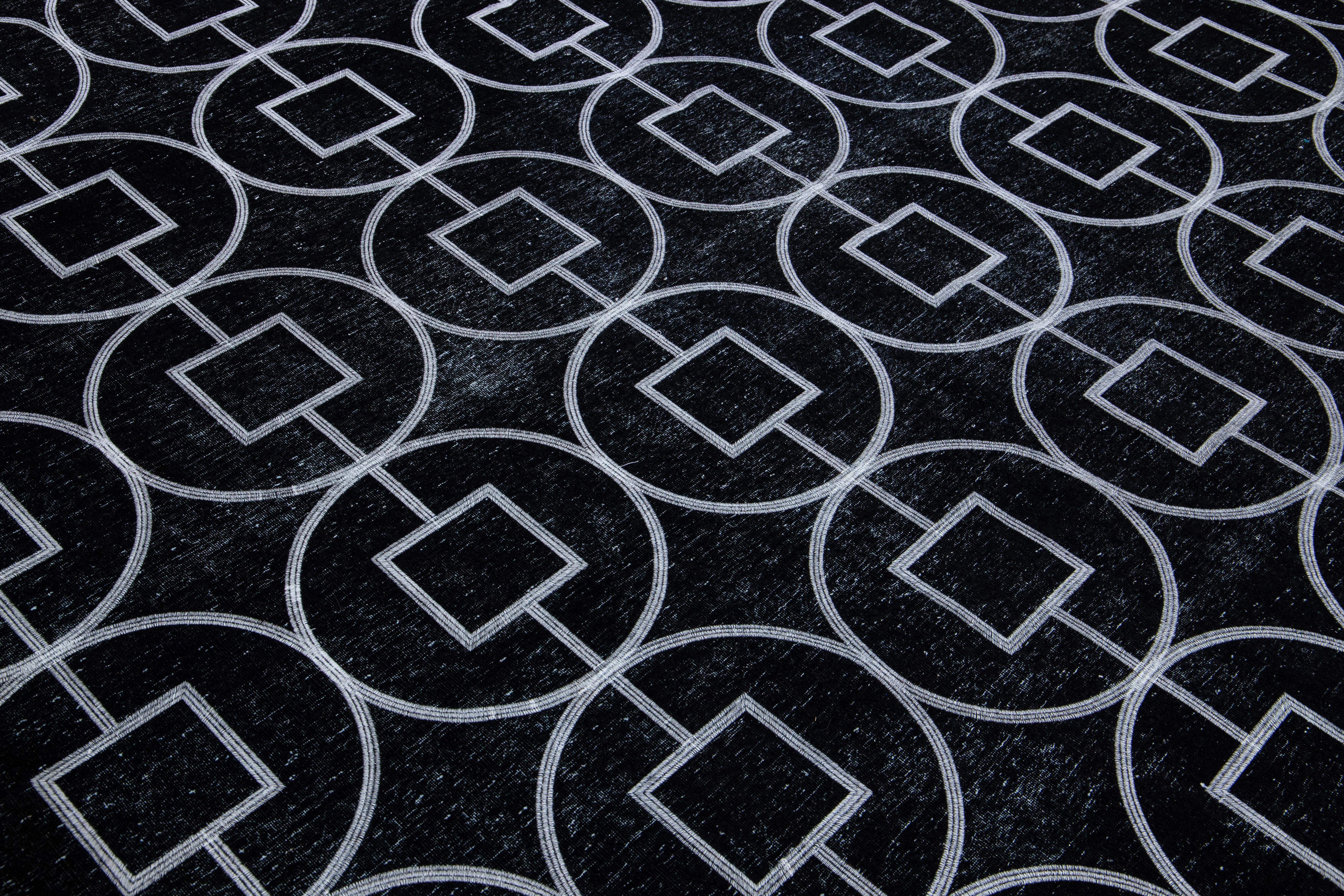 Modern Turkish Black Handmade Geometric Motif Wool Rug For Sale 4