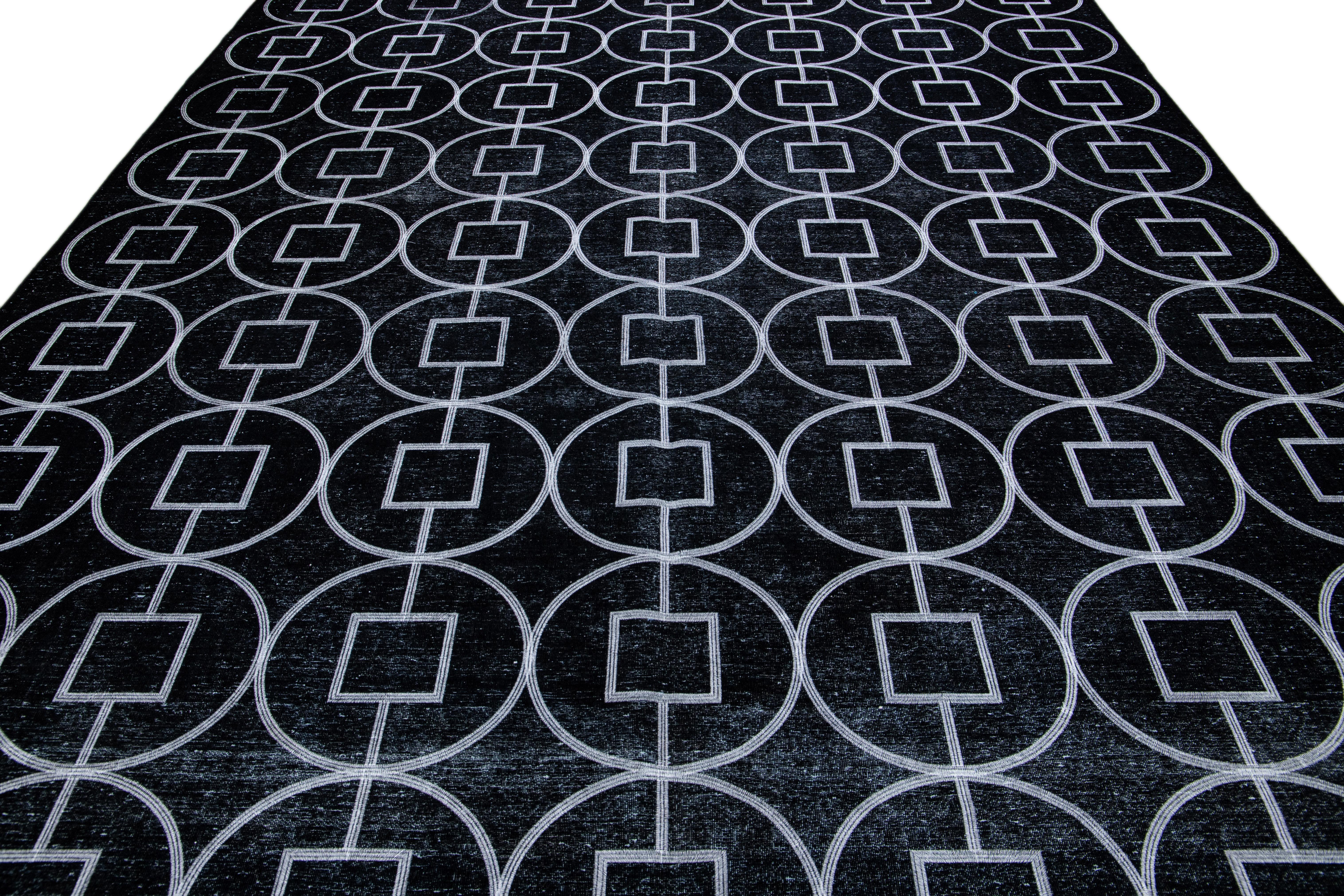 Tribal Modern Turkish Black Handmade Geometric Motif Wool Rug For Sale