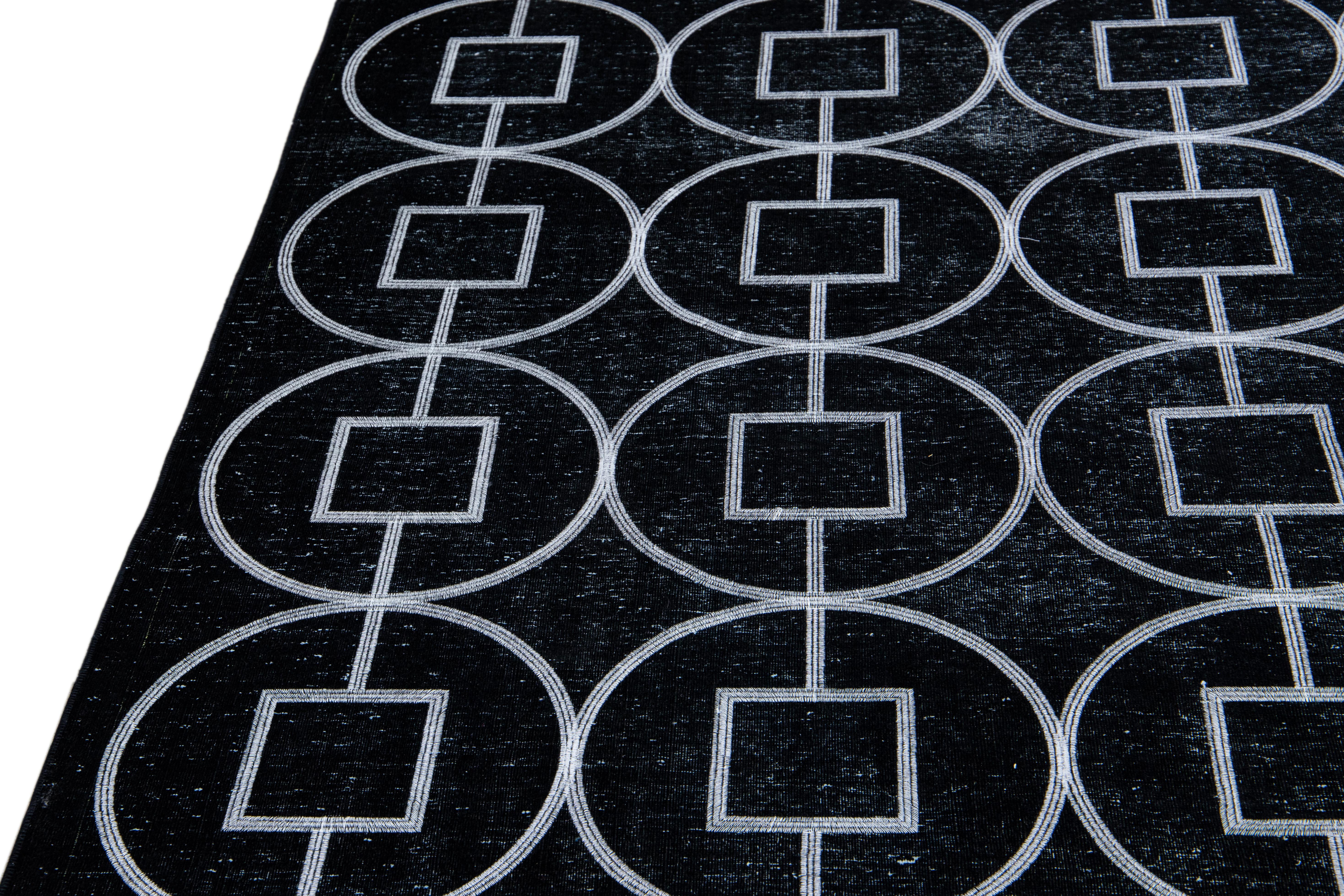 Hand-Knotted Modern Turkish Black Handmade Geometric Motif Wool Rug For Sale