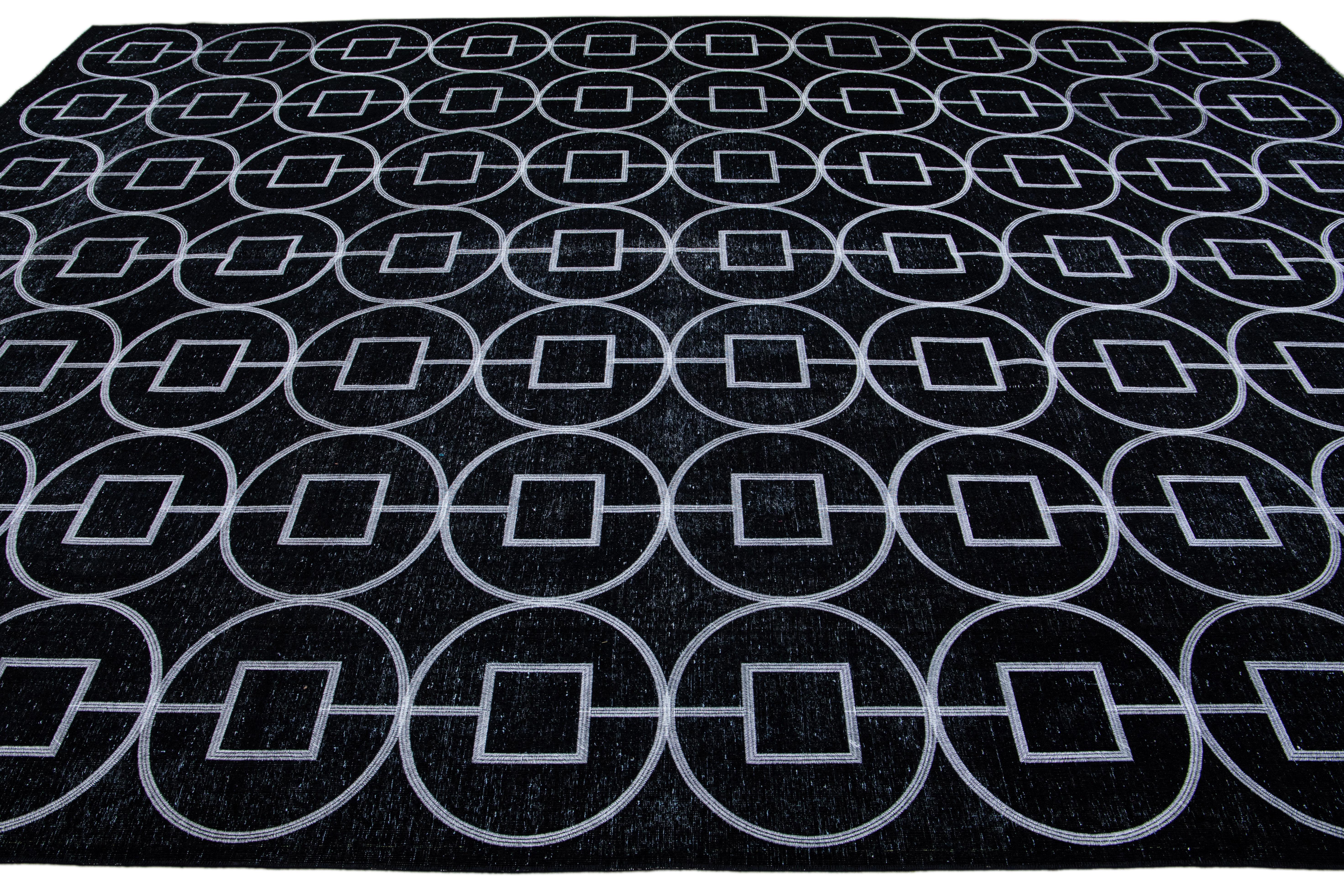Modern Turkish Black Handmade Geometric Motif Wool Rug In New Condition For Sale In Norwalk, CT