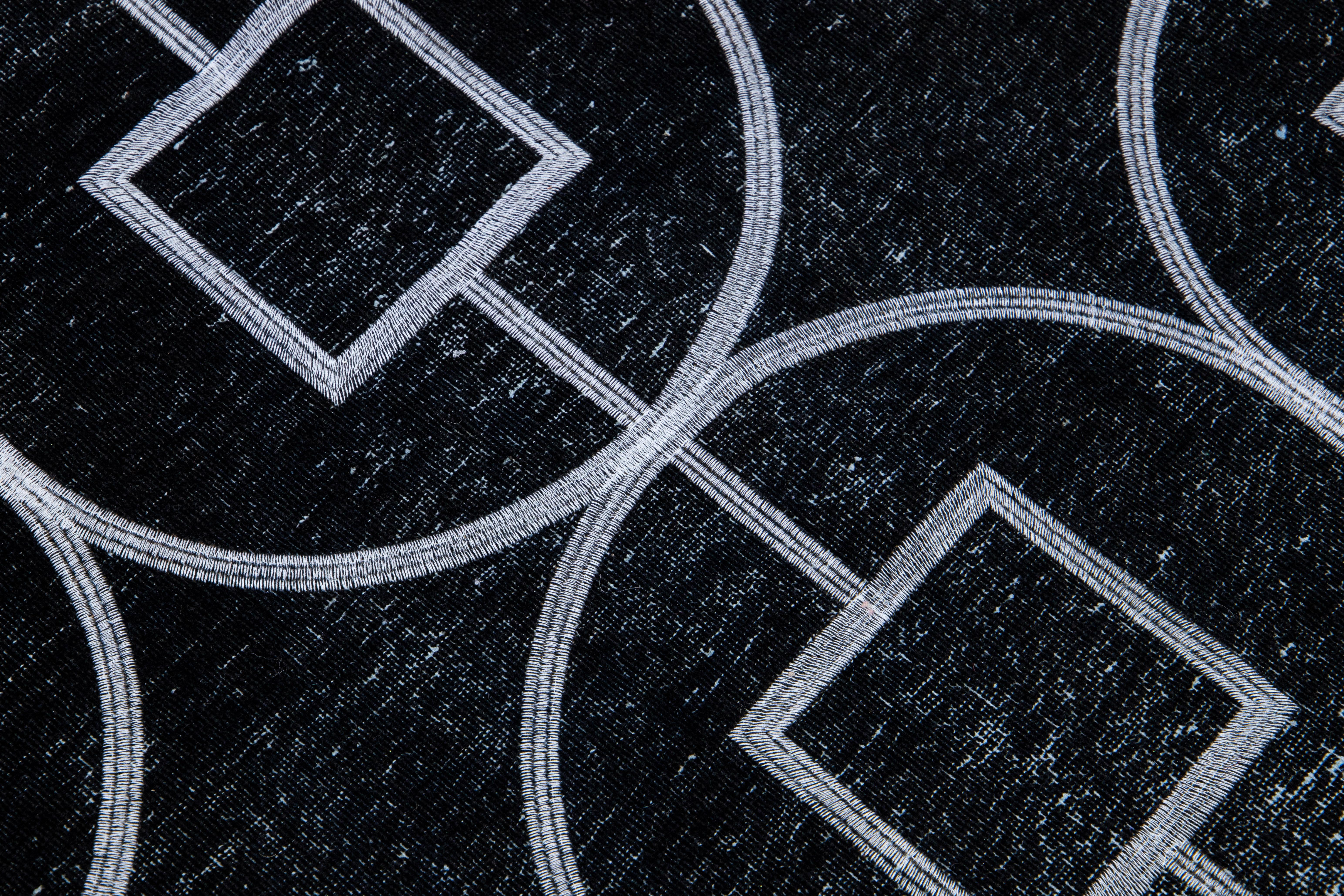 Contemporary Modern Turkish Black Handmade Geometric Motif Wool Rug For Sale