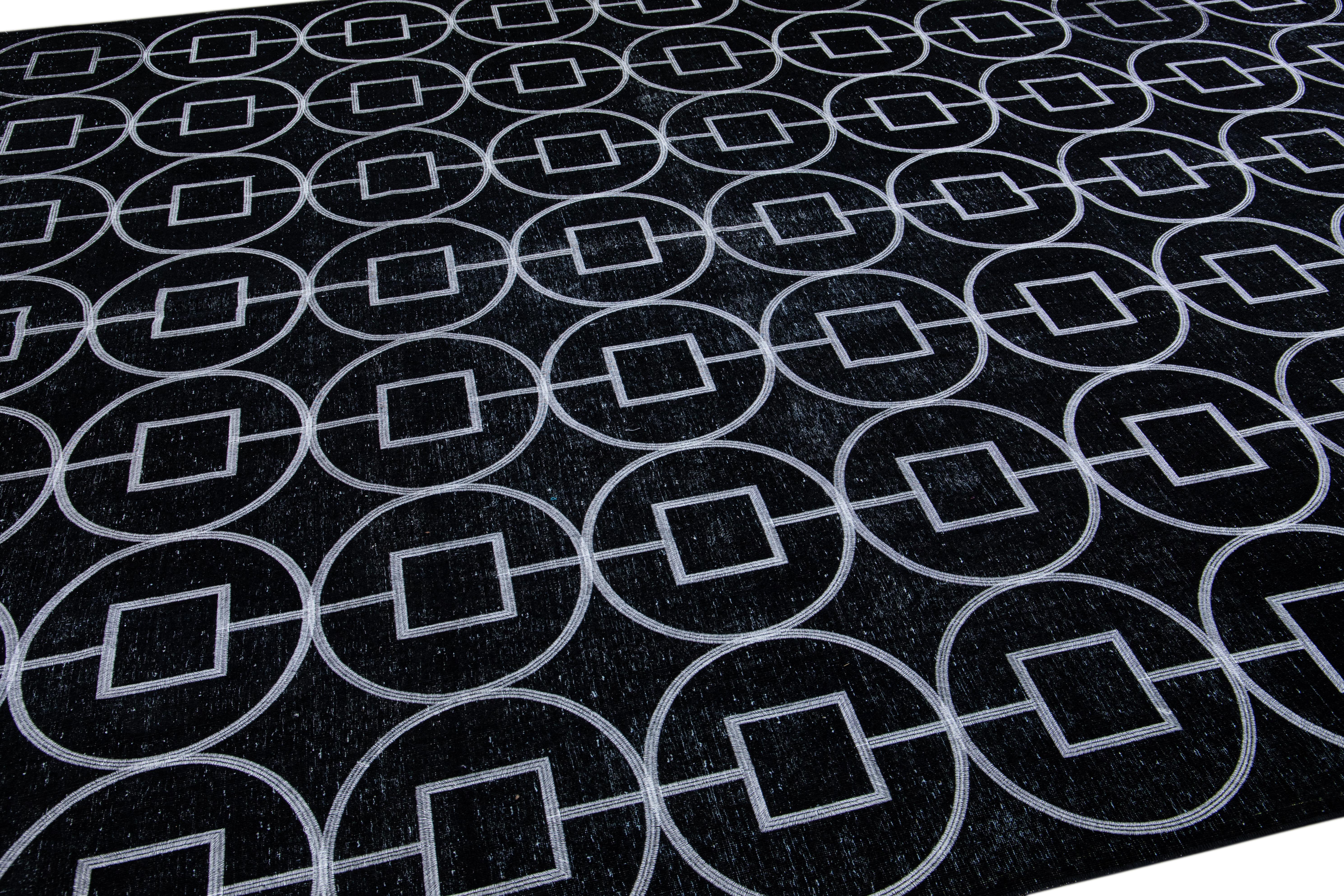 Modern Turkish Black Handmade Geometric Motif Wool Rug For Sale 2