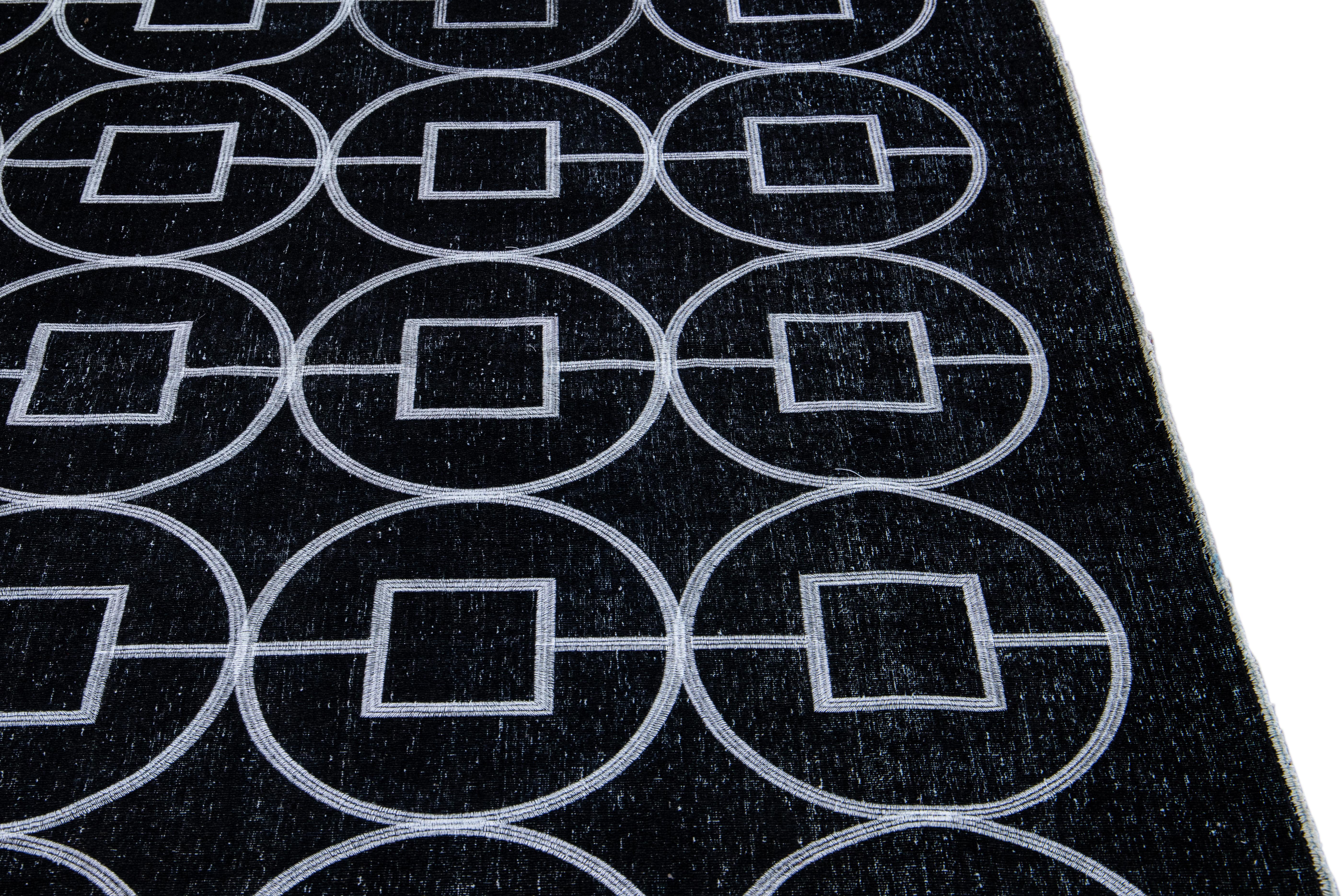 Modern Turkish Black Handmade Geometric Motif Wool Rug For Sale 3