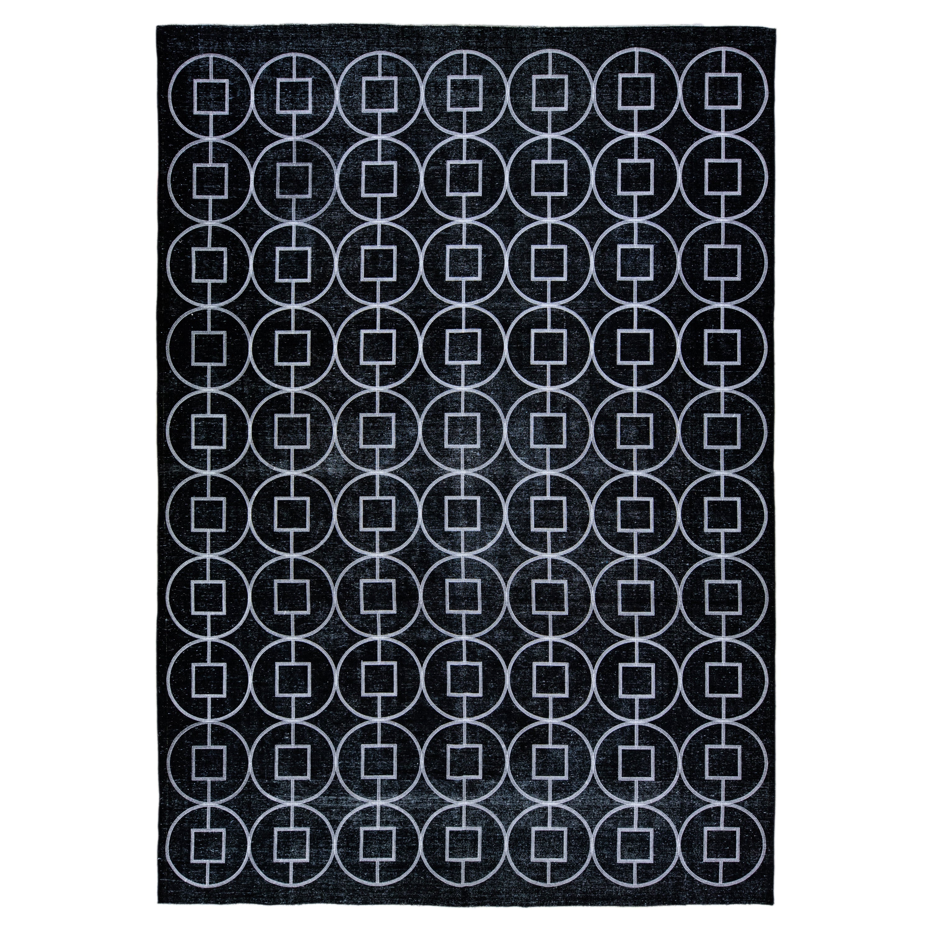 Tappeto moderno turco nero fatto a mano con motivo geometrico in lana