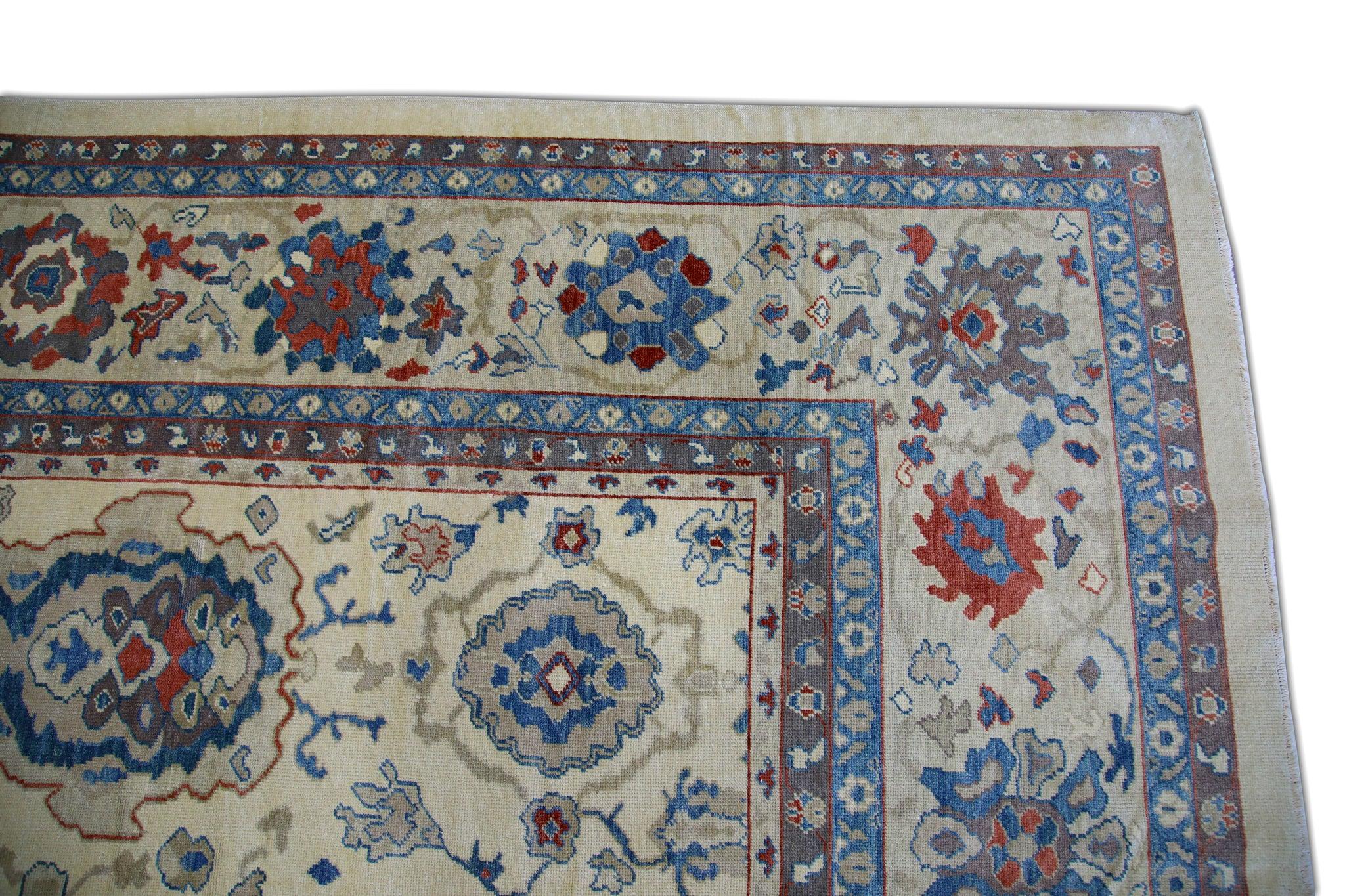 Modern Red & Blue Floral Design Turkish Finewoven Wool Oushak Rug 11'8