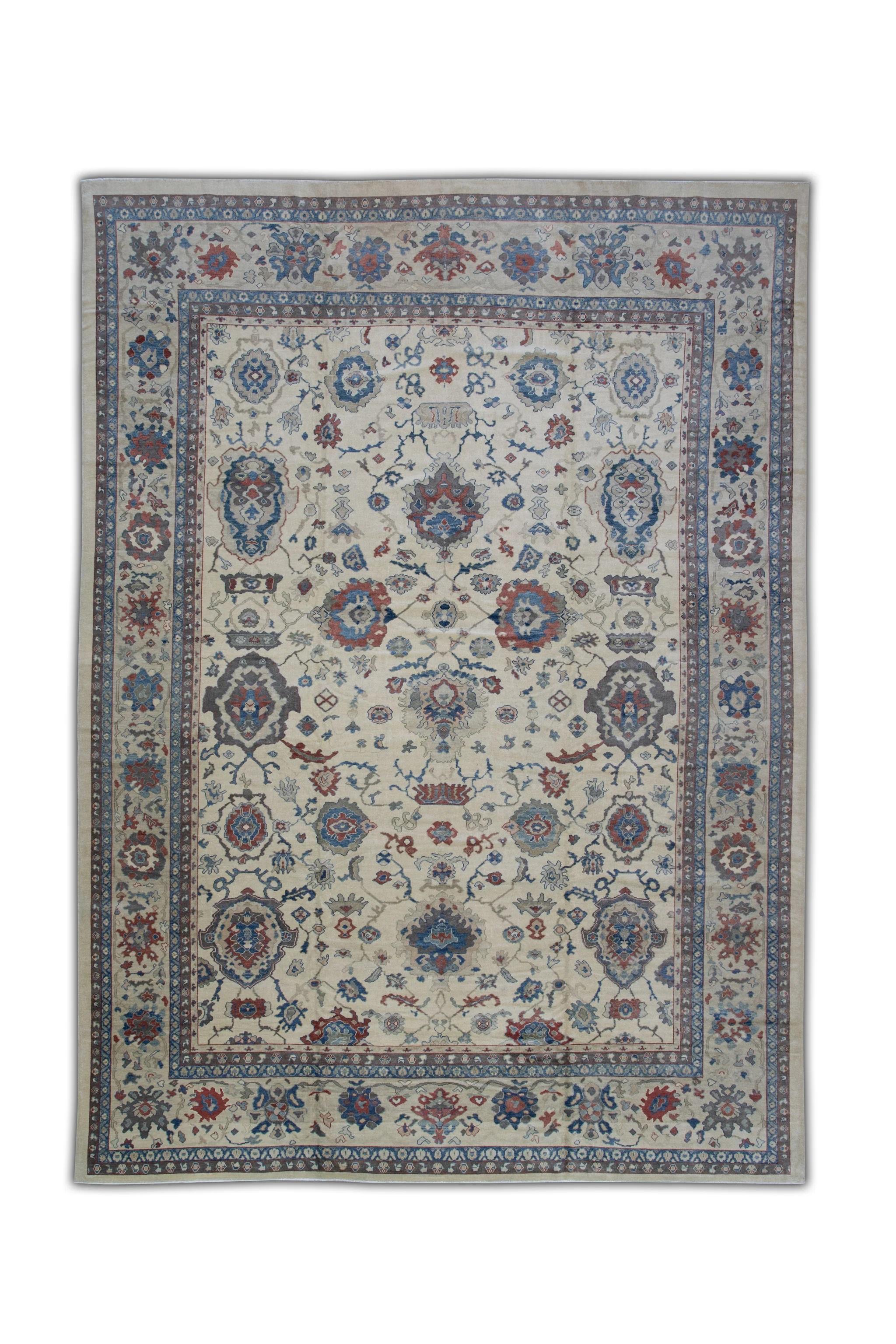 Contemporary Red & Blue Floral Design Turkish Finewoven Wool Oushak Rug 11'8