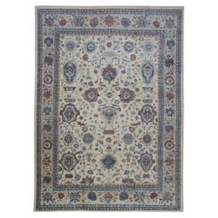 Türkischer Oushak-Teppich aus fein gewebter Wolle in Rot & Blau mit Blumenmuster 11'8" X 15'9"