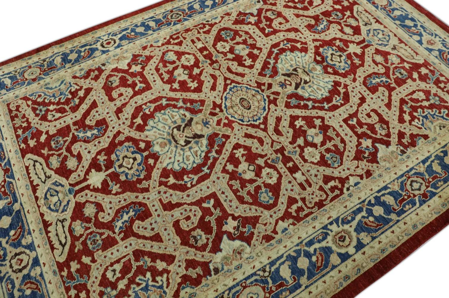 Modern Traditional Red and Blue Turkish Finewoven Wool Oushak Rug 6'1
