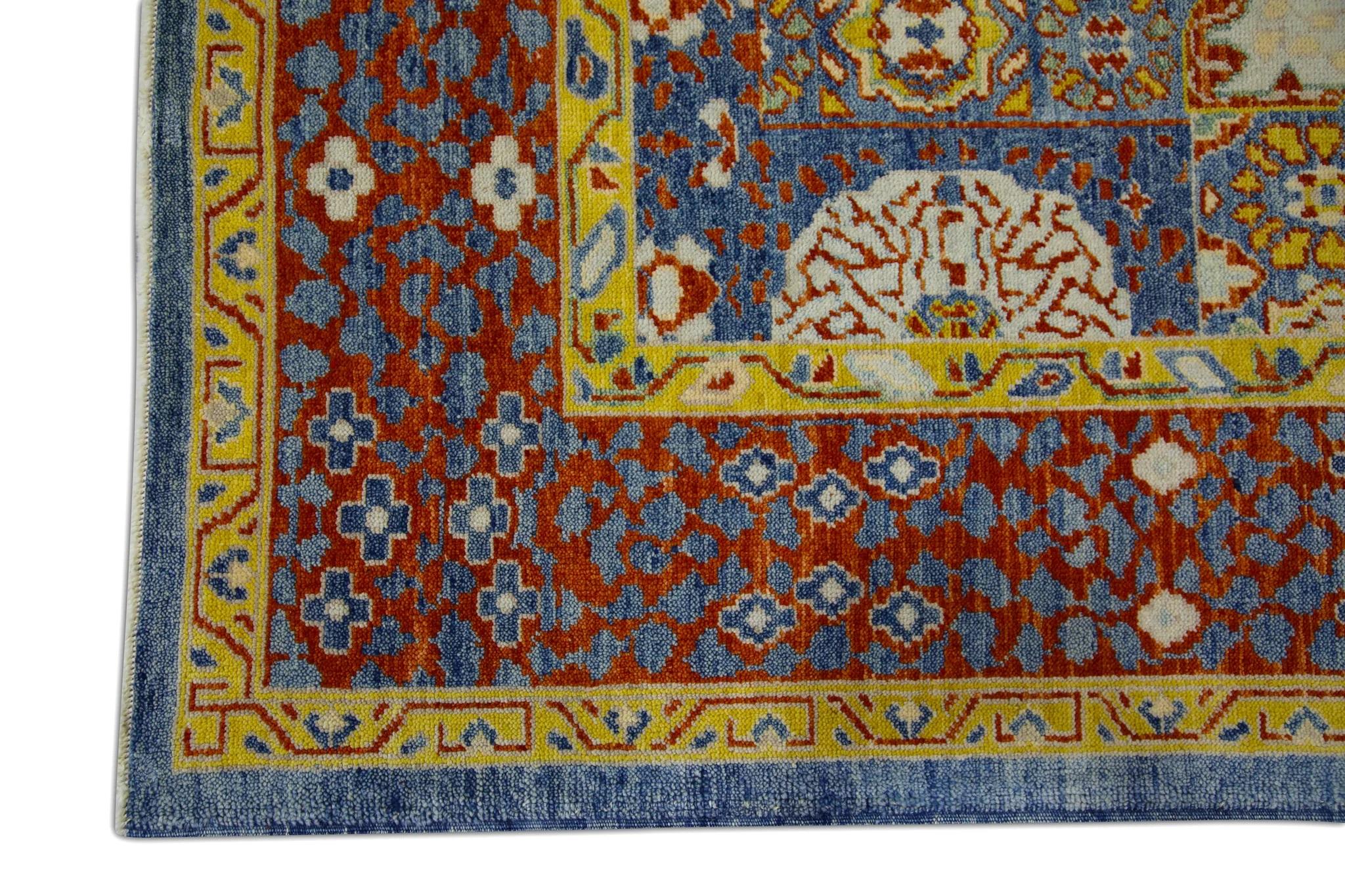Vegetable Dyed Red & Blue Geometric Design Turkish Finewoven Wool Oushak Rug 6'4