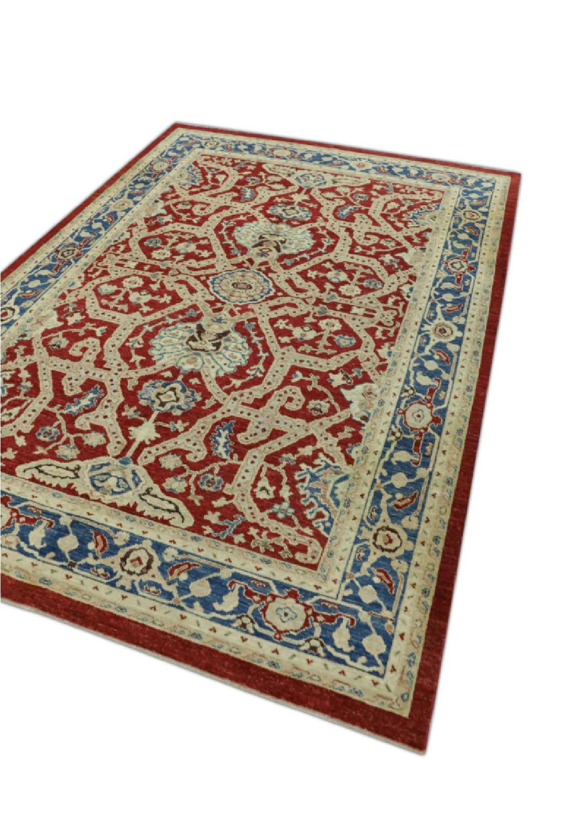 Vegetable Dyed Traditional Red and Blue Turkish Finewoven Wool Oushak Rug 6'1
