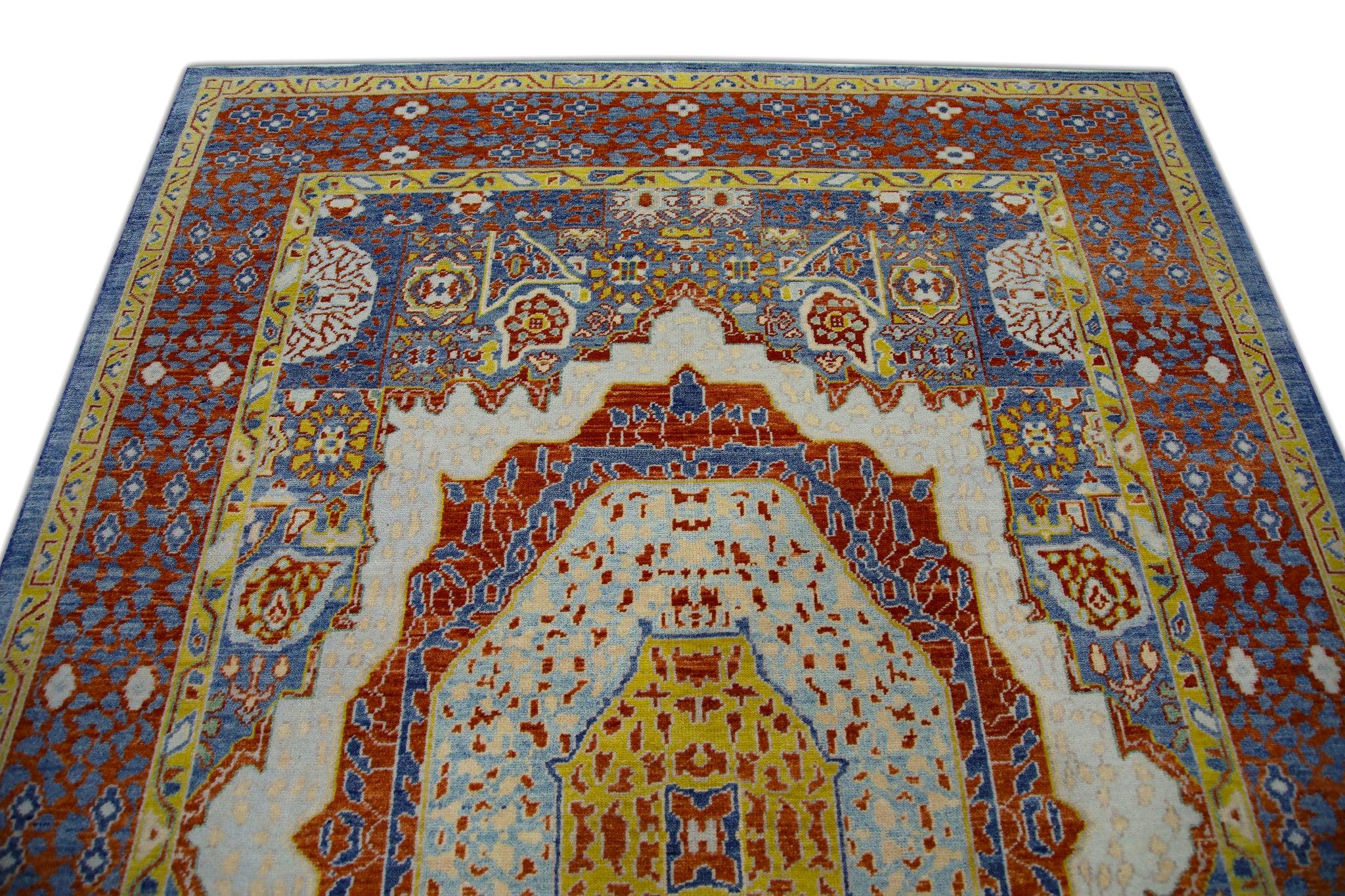Türkischer Oushak-Teppich aus fein gewebter Wolle in Rot & Blau mit geometrischem Design, 6'4