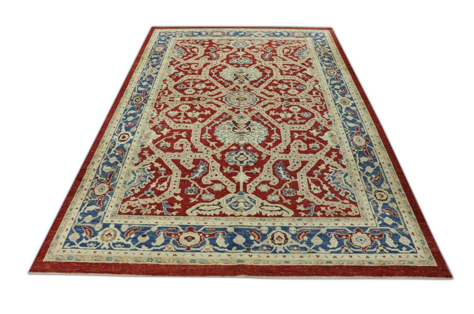 Traditional Red and Blue Turkish Finewoven Wool Oushak Rug 6'1