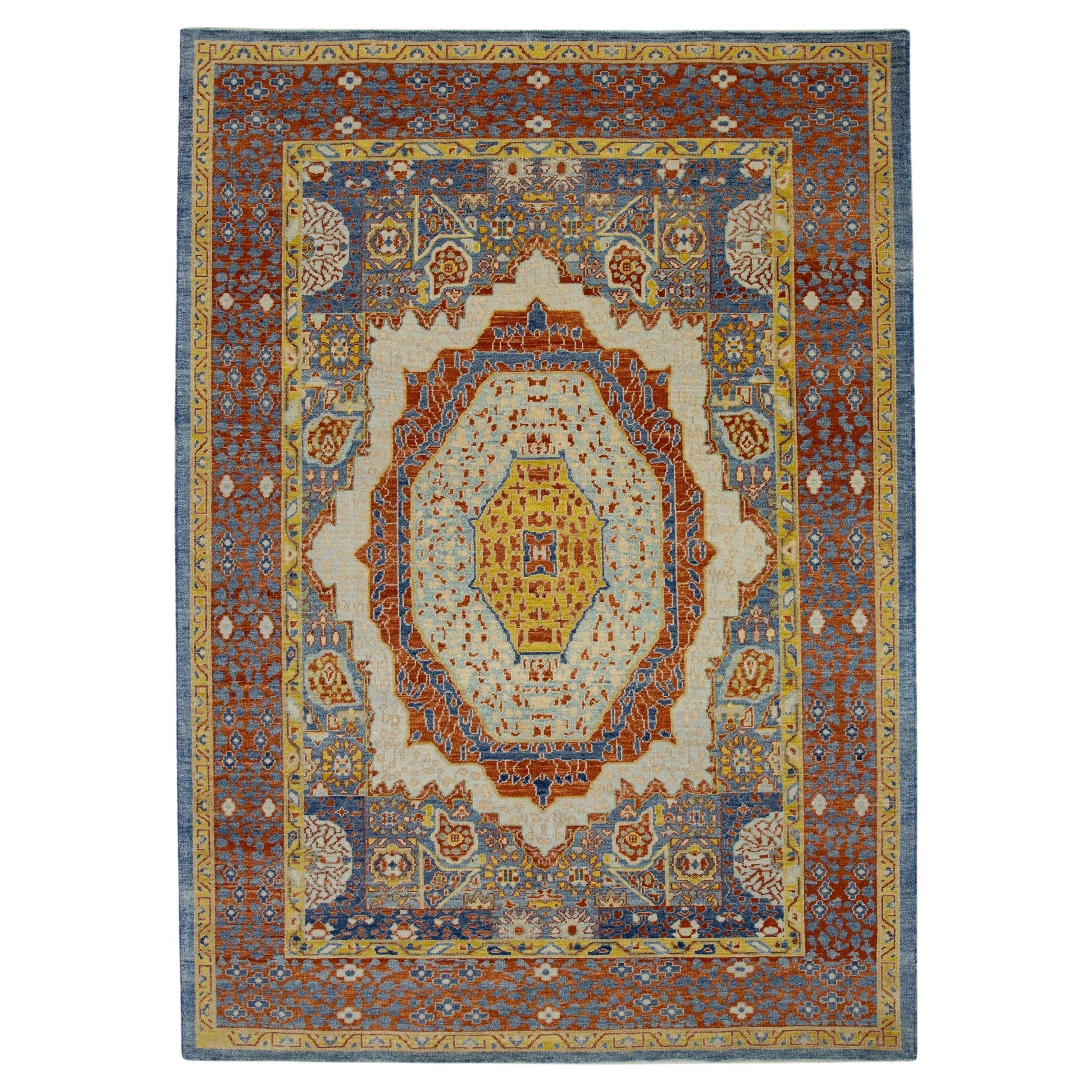 Türkischer Oushak-Teppich aus fein gewebter Wolle in Rot & Blau mit geometrischem Design, 6'4" x 8'10" im Angebot