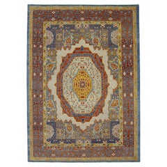 Türkischer Oushak-Teppich aus fein gewebter Wolle in Rot & Blau mit geometrischem Design, 6'4" x 8'10"