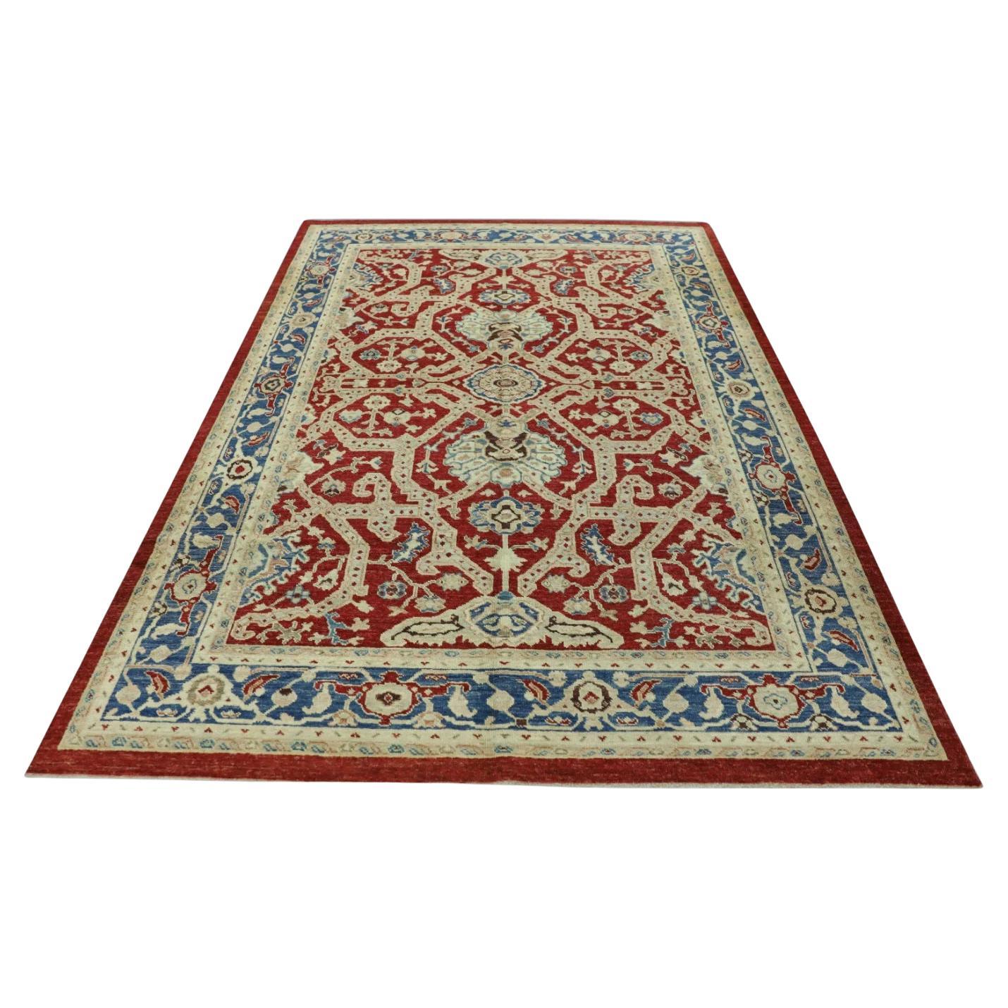Traditional Red and Blue Turkish Finewoven Wool Oushak Rug 6'1" x 8'10" For Sale