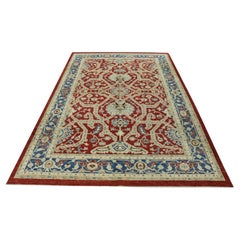 Traditioneller roter und blauer türkischer Oushak-Teppich aus fein gewebter Wolle 6'1" x 8'10"