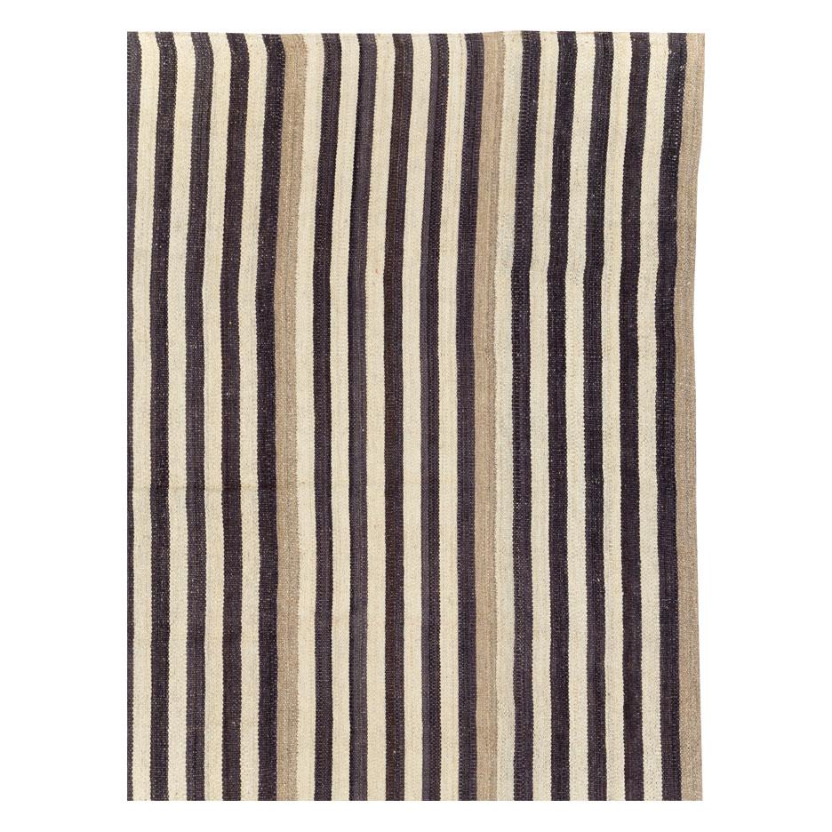 Hand-Woven Modern Turkish Flatweave Kilim Large Carpet In Cream, Black, and Brown For Sale