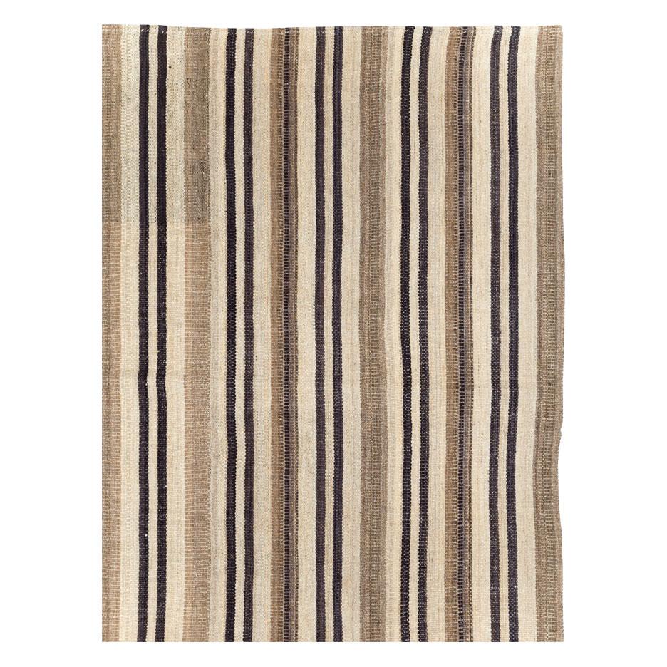 Hand-Woven Modern Turkish Flatweave Kilim Room Size Carpet In Cream, Black, and Brown For Sale