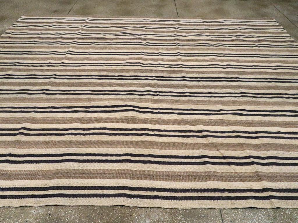 Wool Modern Turkish Flatweave Kilim Room Size Carpet In Cream, Black, and Brown For Sale