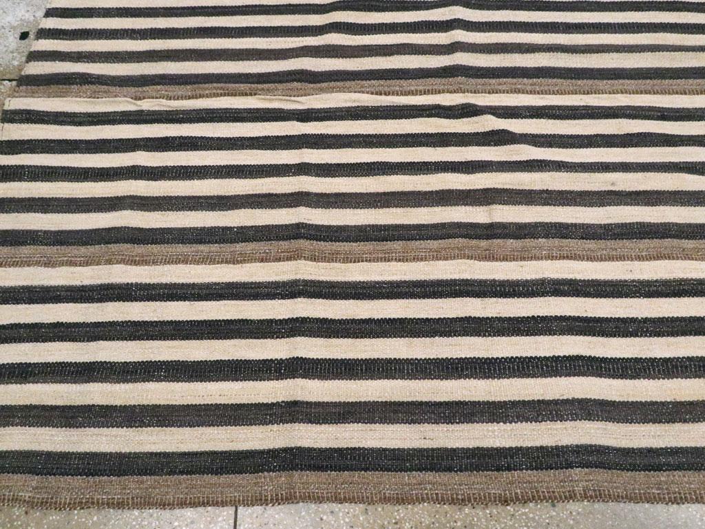Wool Modern Turkish Flatweave Kilim Room Size Carpet In Cream, Black, and Brown For Sale