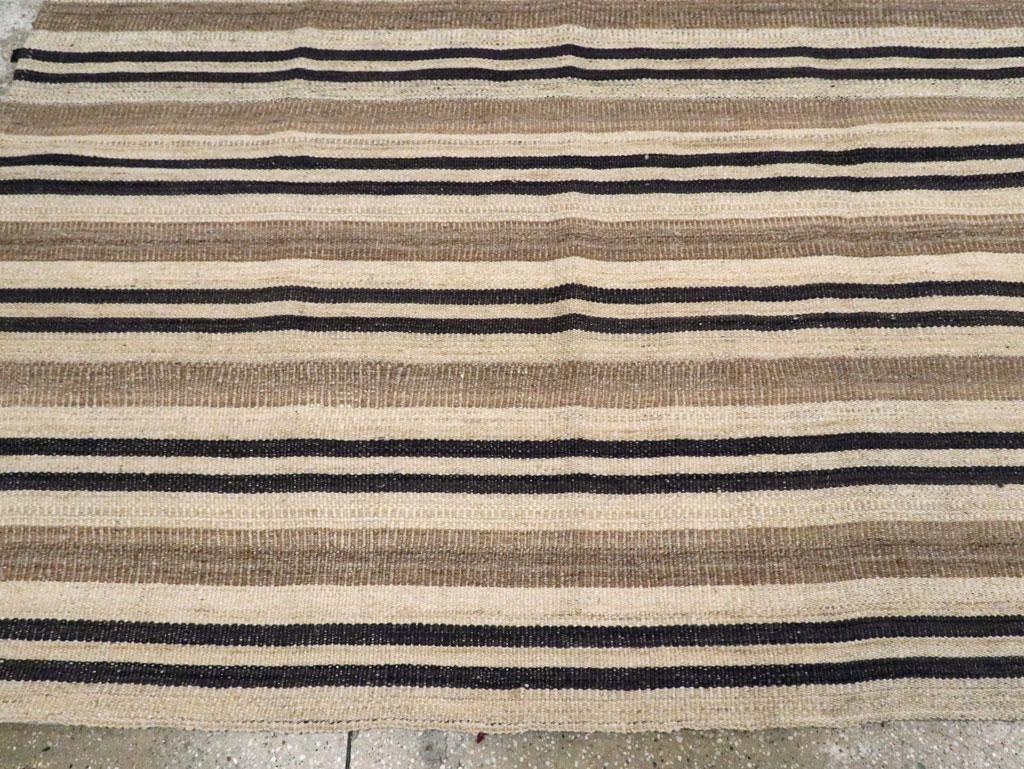 Modern Turkish Flatweave Kilim Room Size Carpet In Cream, Black, and Brown For Sale 1