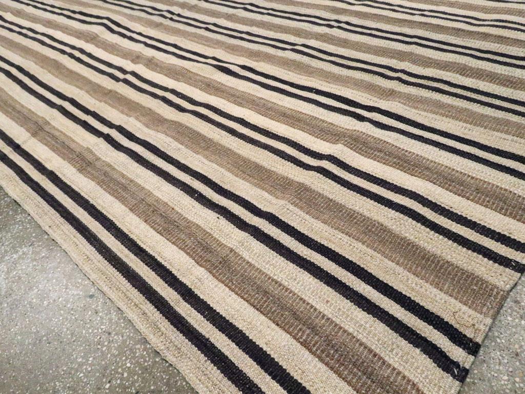 Modern Turkish Flatweave Kilim Room Size Carpet In Cream, Black, and Brown For Sale 2