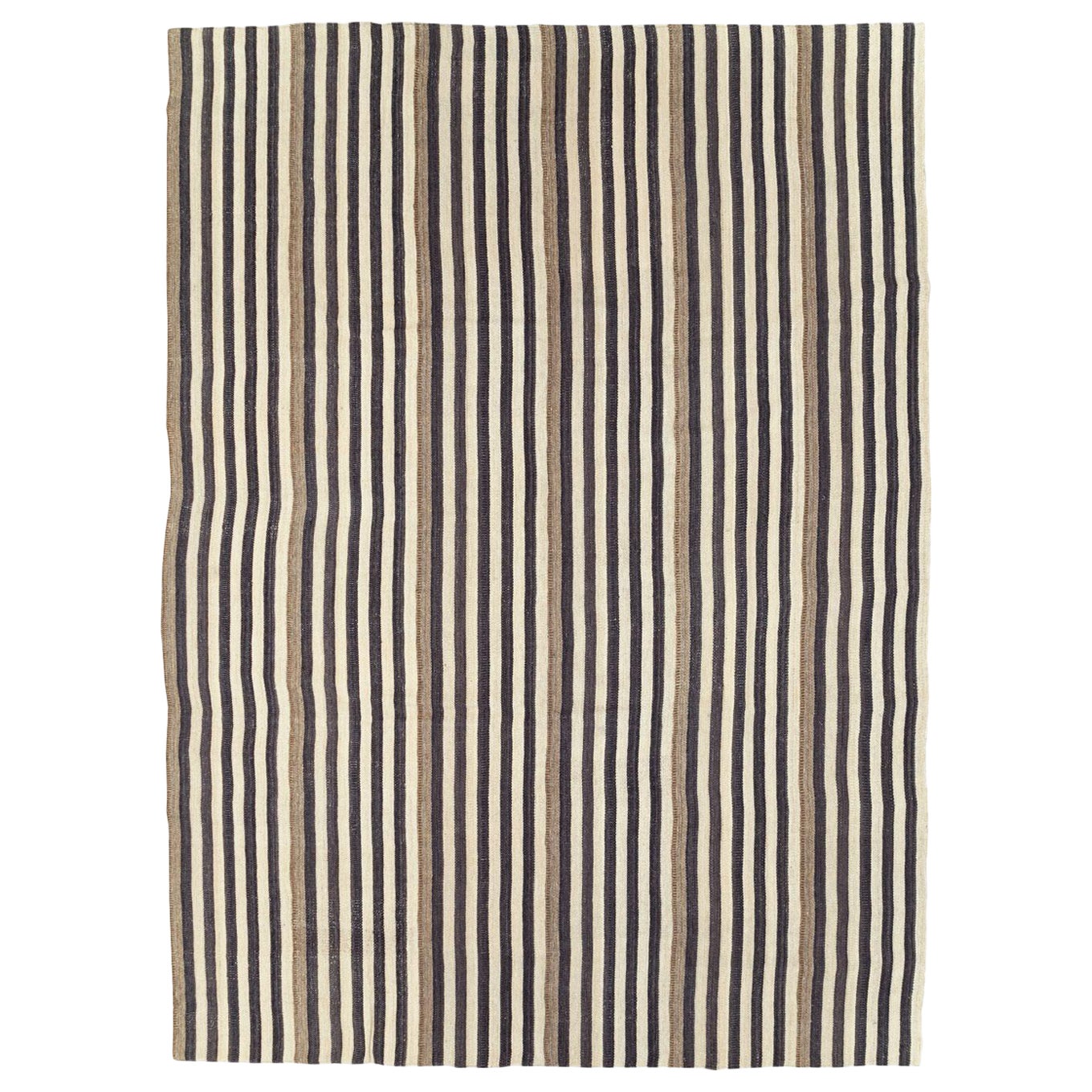 Tappeto turco moderno a tessitura piatta Kilim in crema, nero e marrone per una stanza.