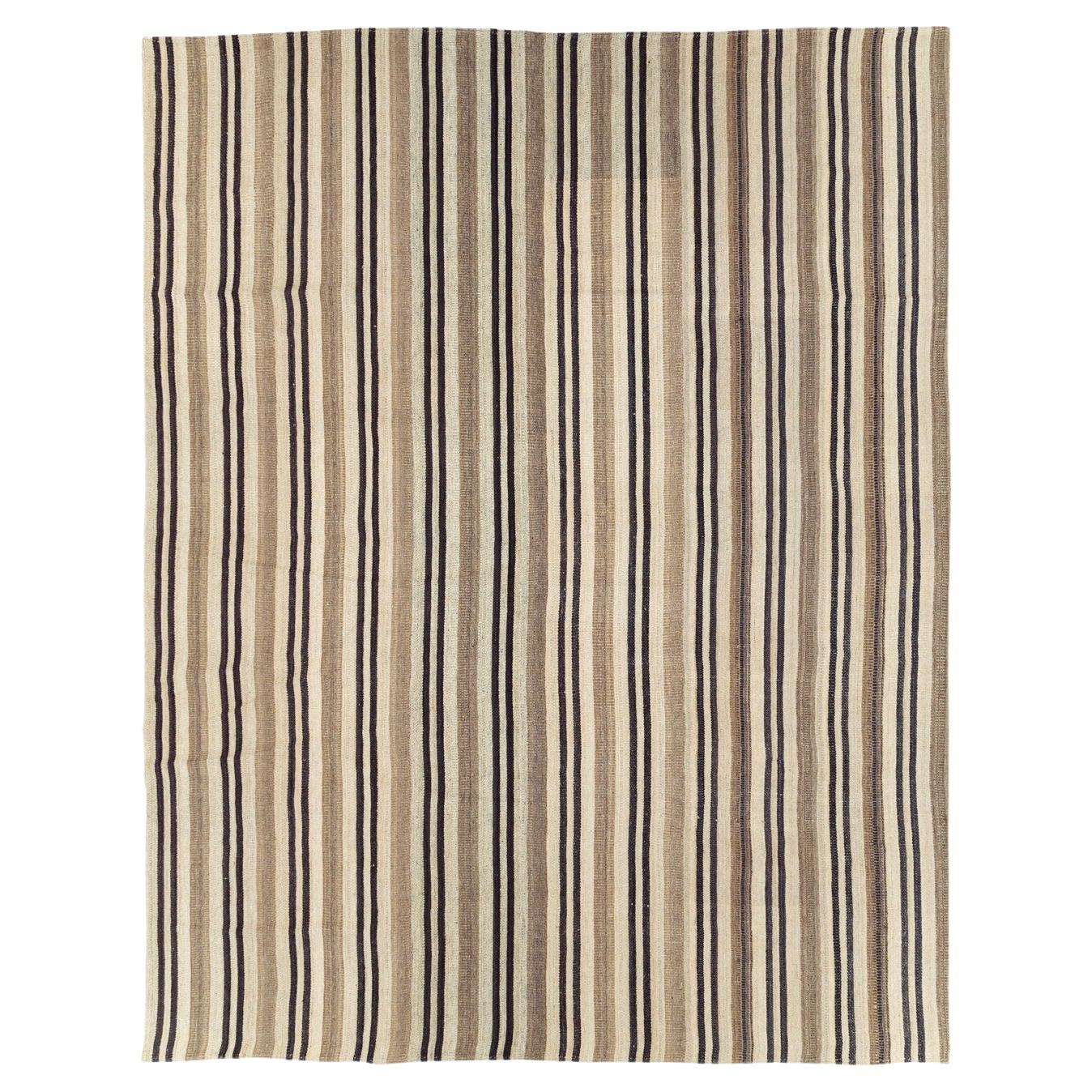 Modern Turkish Flatweave Kilim Room Size Carpet In Cream, Black, and Brown