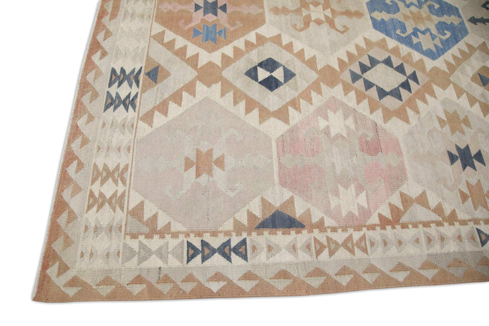 Moderner türkischer Flachgewebe-Kelim-Teppich in Orange und Blau mit geometrischem Design 8'2