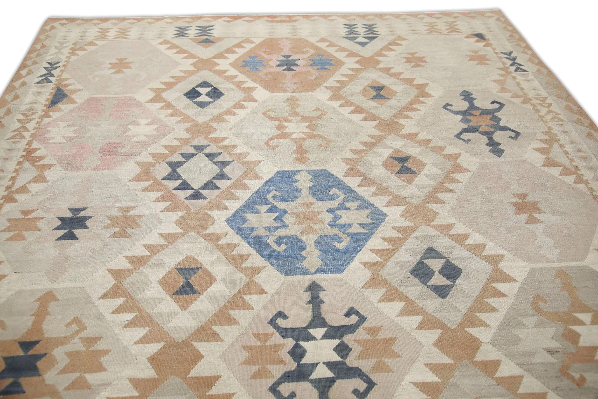 Moderner türkischer Flachgewebe-Kelim-Teppich in Orange und Blau mit geometrischem Design 8'2