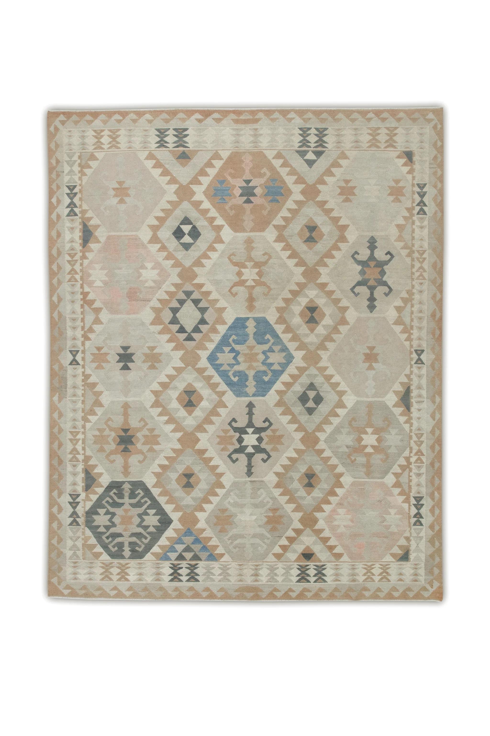 Moderner türkischer Flachgewebe-Kelim-Teppich in Orange und Blau mit geometrischem Design 8'2