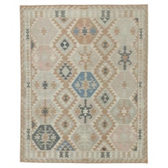 Alfombra Turca Moderna Kilim de Tejido Plano Diseño Geométrico Naranja Azul 8'2" X 10'2