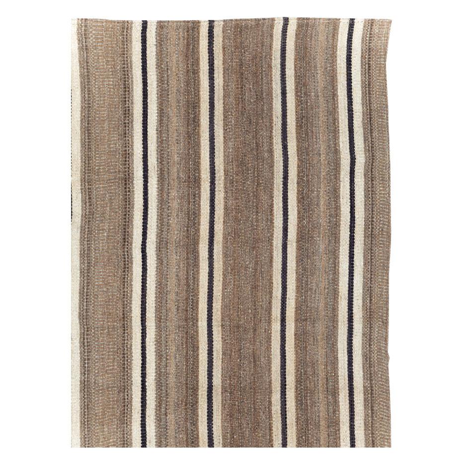 Hand-Woven Modern Turkish Flatweave Kilim Small Room Size Carpet in Cream, Black, and Brown For Sale