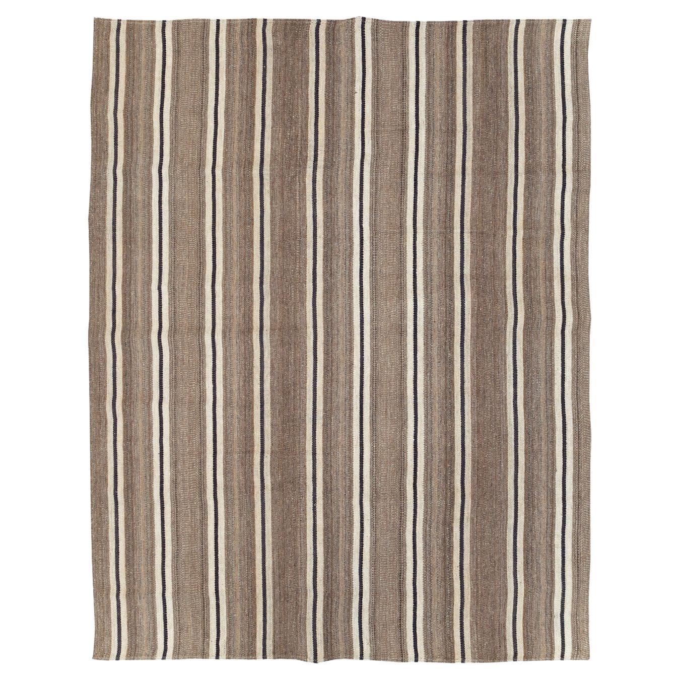 Modern Turkish Flatweave Kilim Small Room Size Carpet in Cream, Black, and Brown For Sale