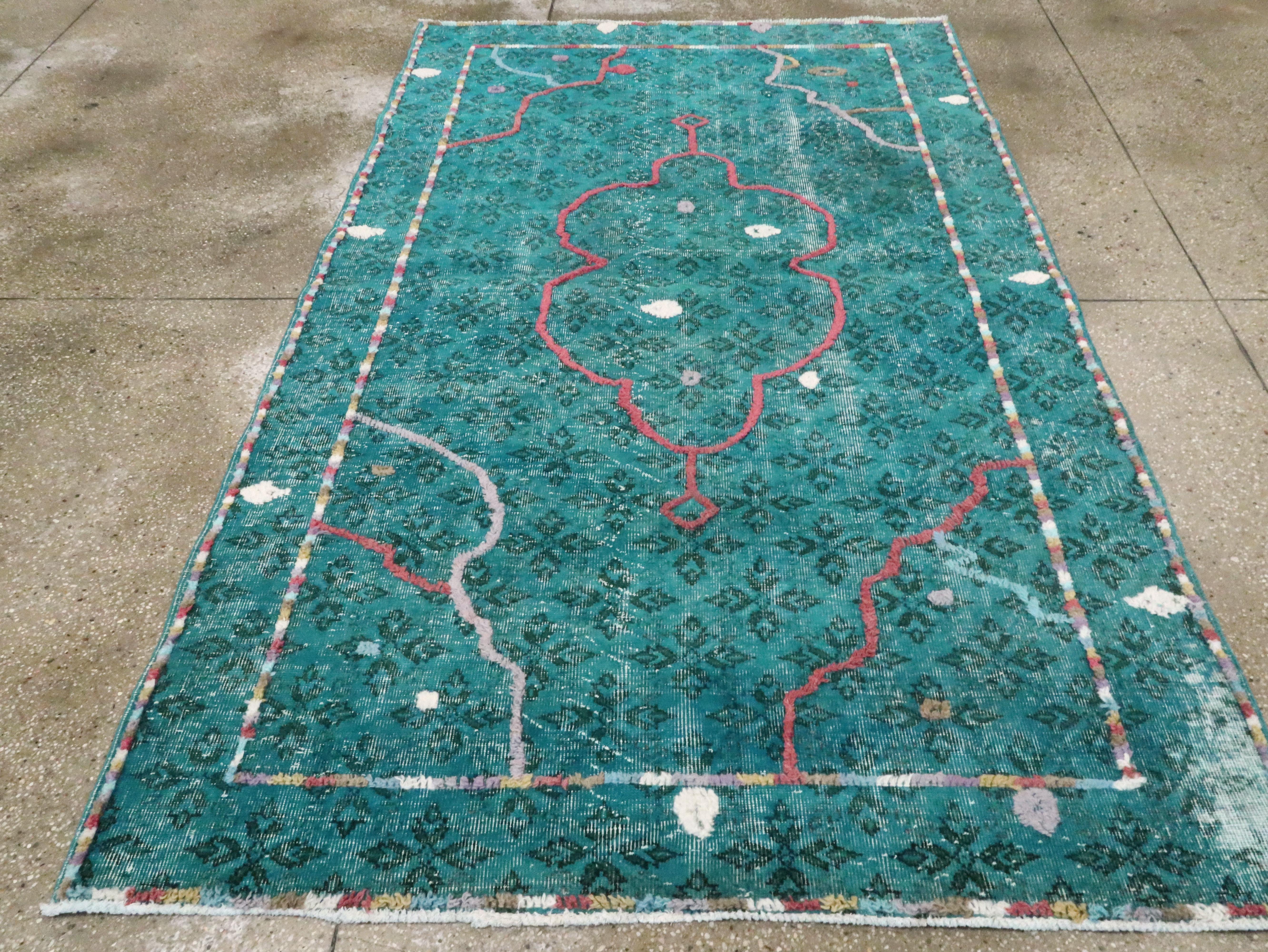 Hand-Knotted Contemporary Handmade Turkish Folk Rug With A Distressed Appeal In Turquoise  For Sale