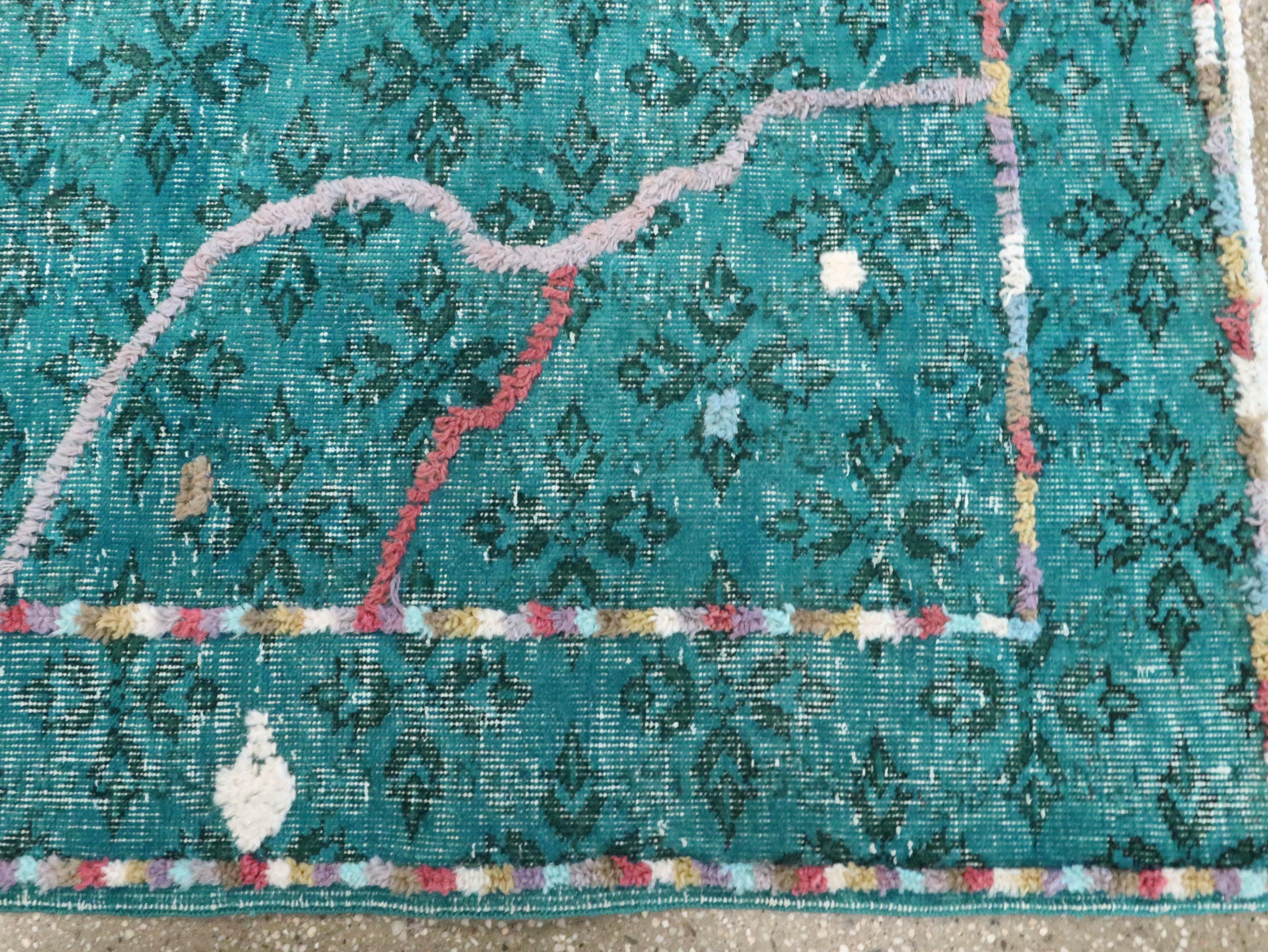 Contemporary Handmade Turkish Folk Rug With A Distressed Appeal In Turquoise  For Sale 3