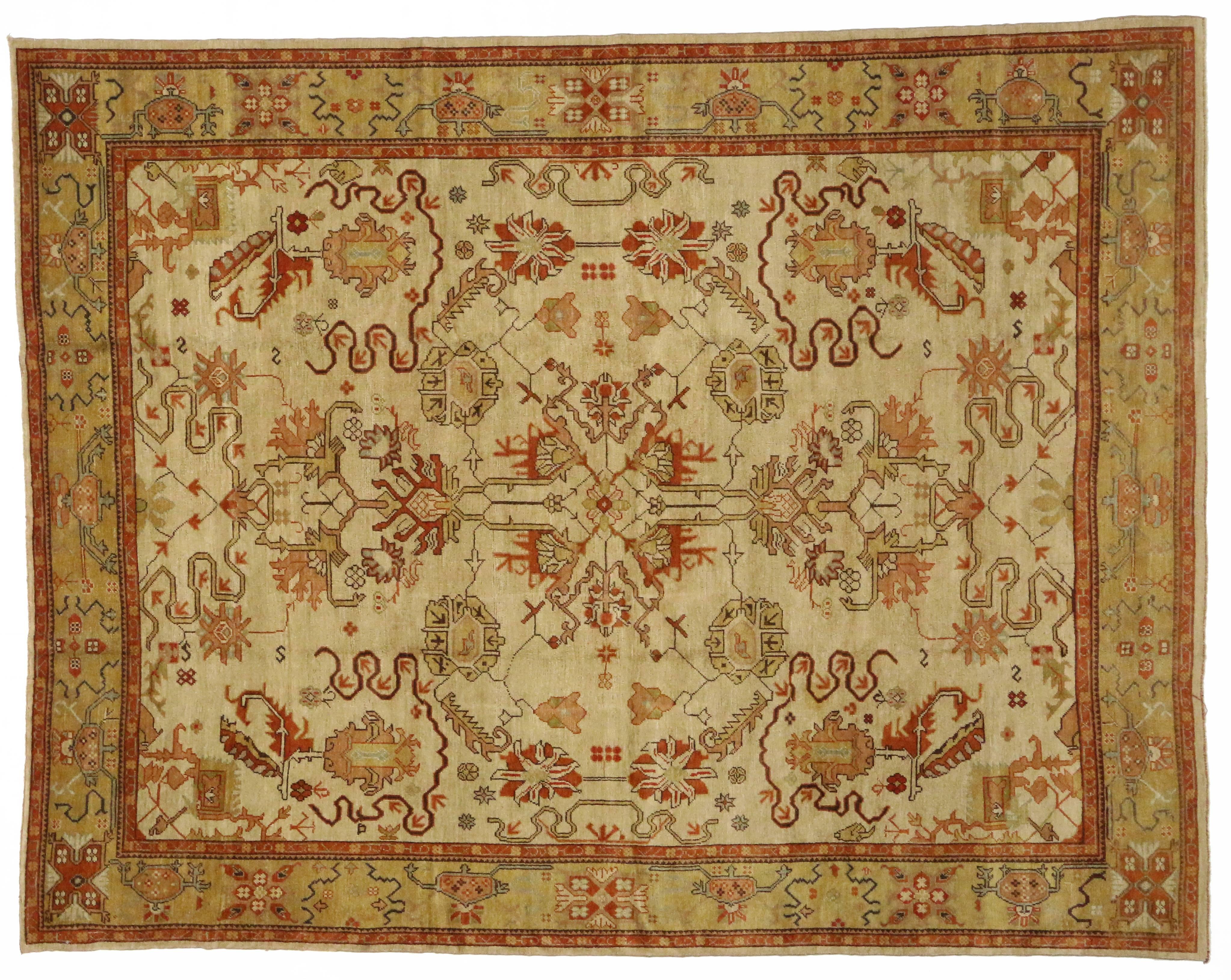 74067 New Modern Turkish Oushak Rug with Traditional Style and Cloudband Design 10'00 x 12'02. With a spectacular twist on a traditional art form, this modern Turkish golden Oushak rug features a traditional style in warm colors. The overall