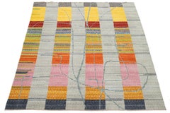 Modern Turkish Hand Loom Gray Wool Rug With Multicolor Abstract Design